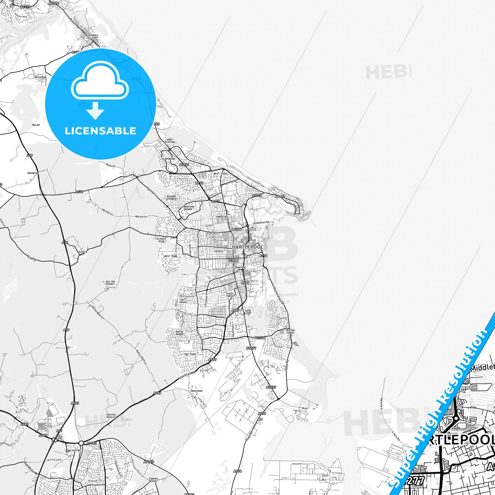 Hartlepool, England light map with streetnames, citynames and districts