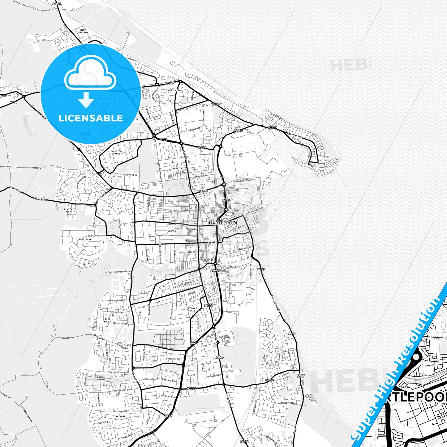 Hartlepool, England Light Map with Street Names, City Names, and Districts