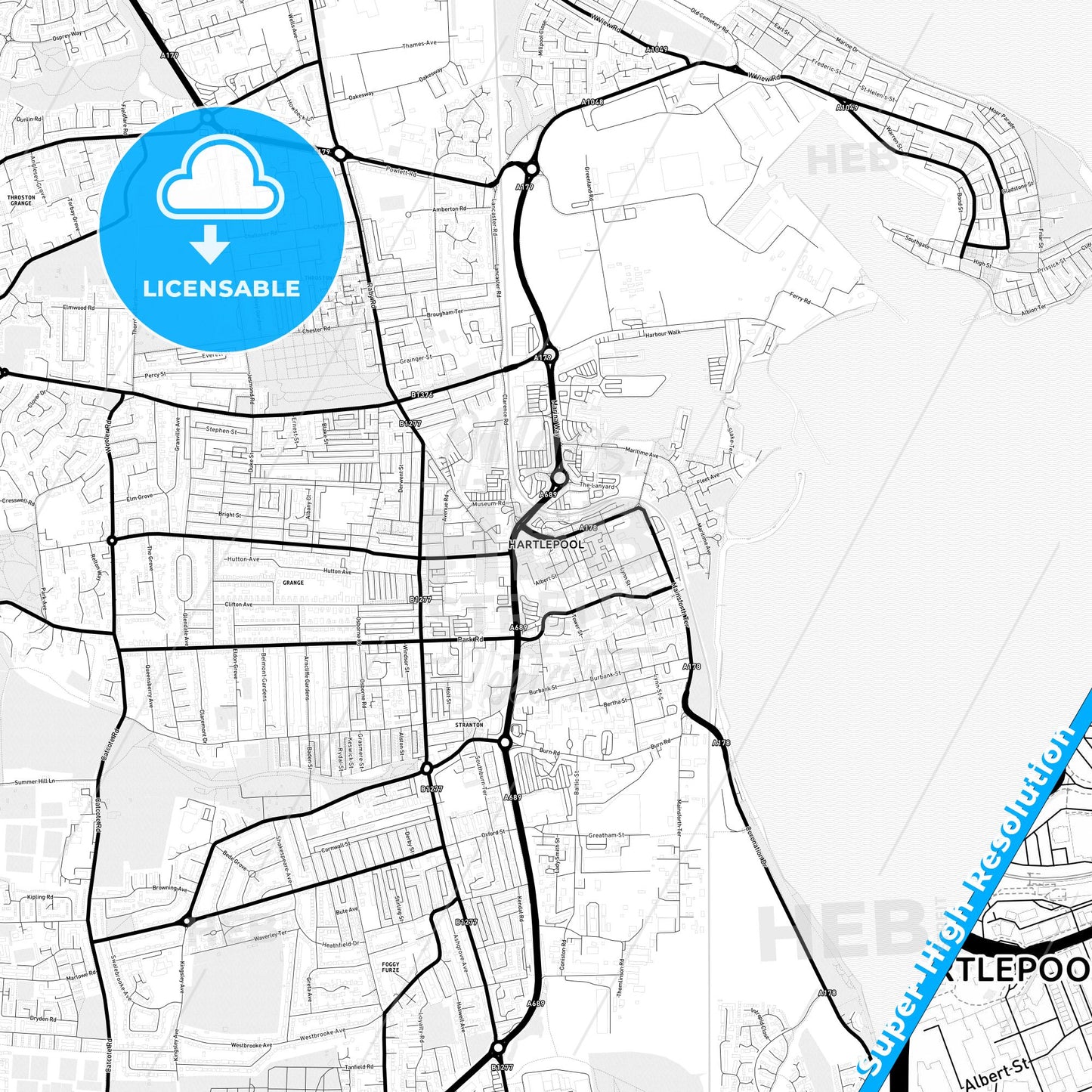 Hartlepool, England Light Map with Street Names, City Names, and Districts