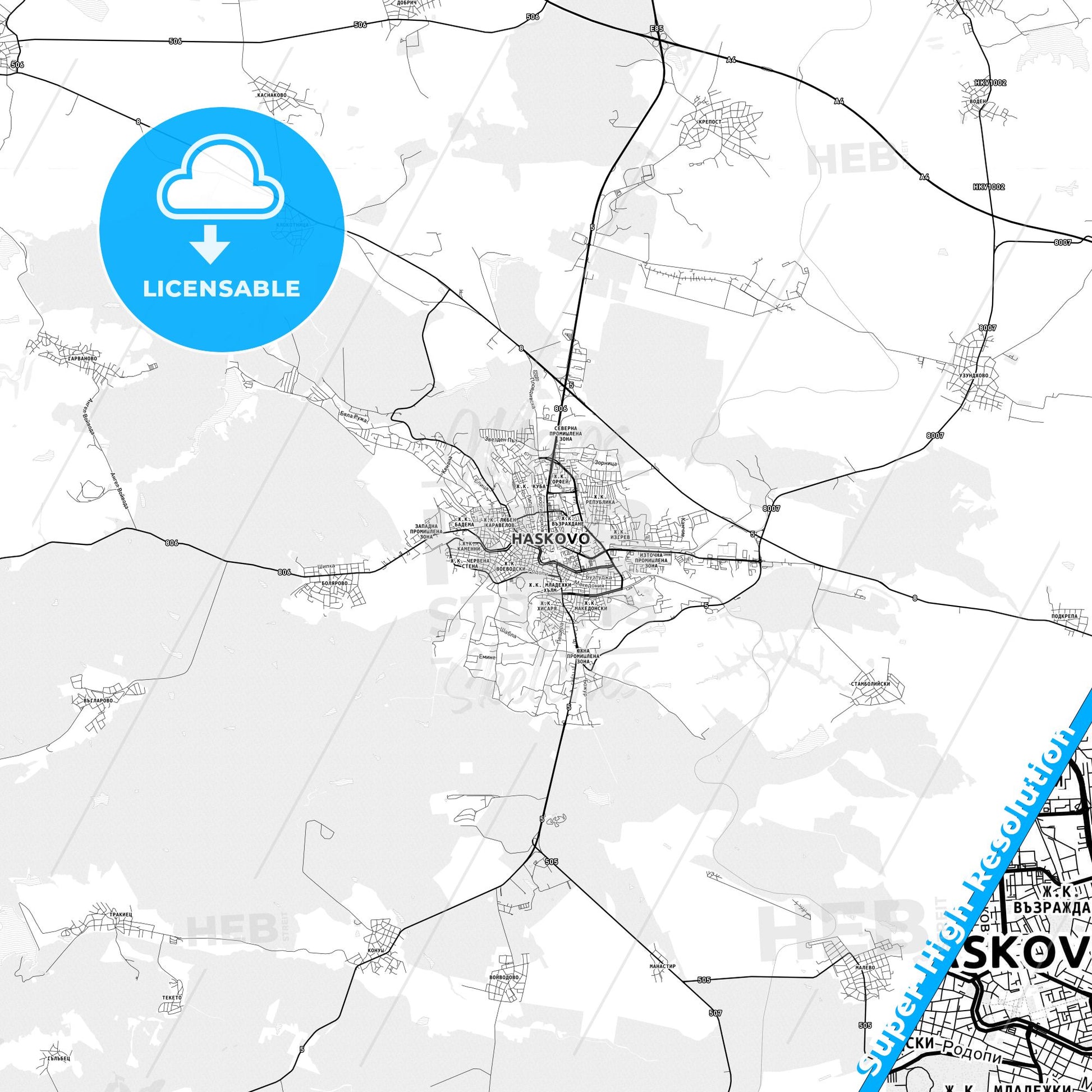 Haskovo, Bulgaria light map with streetnames, citynames and districts