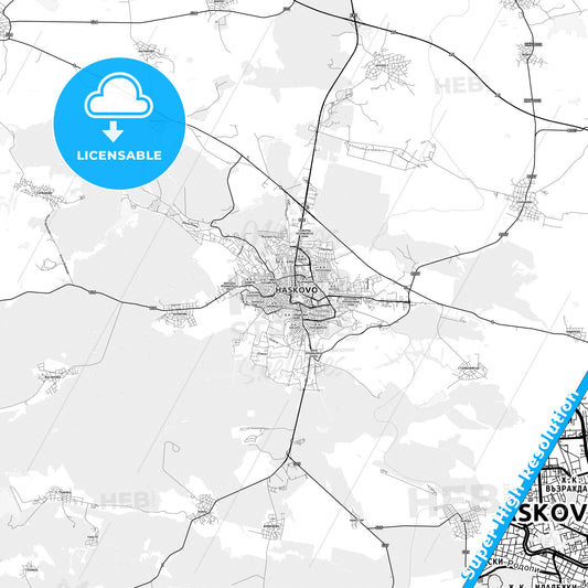 Haskovo, Bulgaria light map with streetnames, citynames and districts