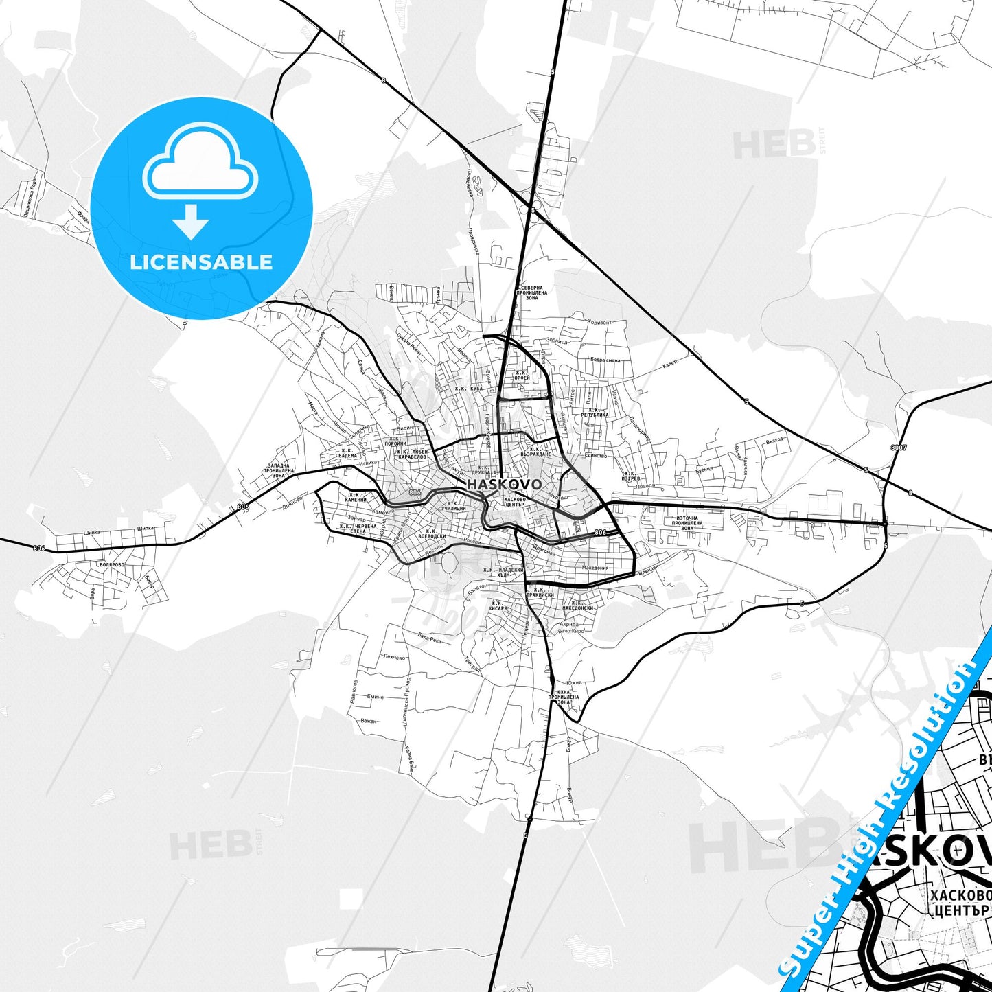 Haskovo, Bulgaria Light Map with Street Names, City Names, and Districts