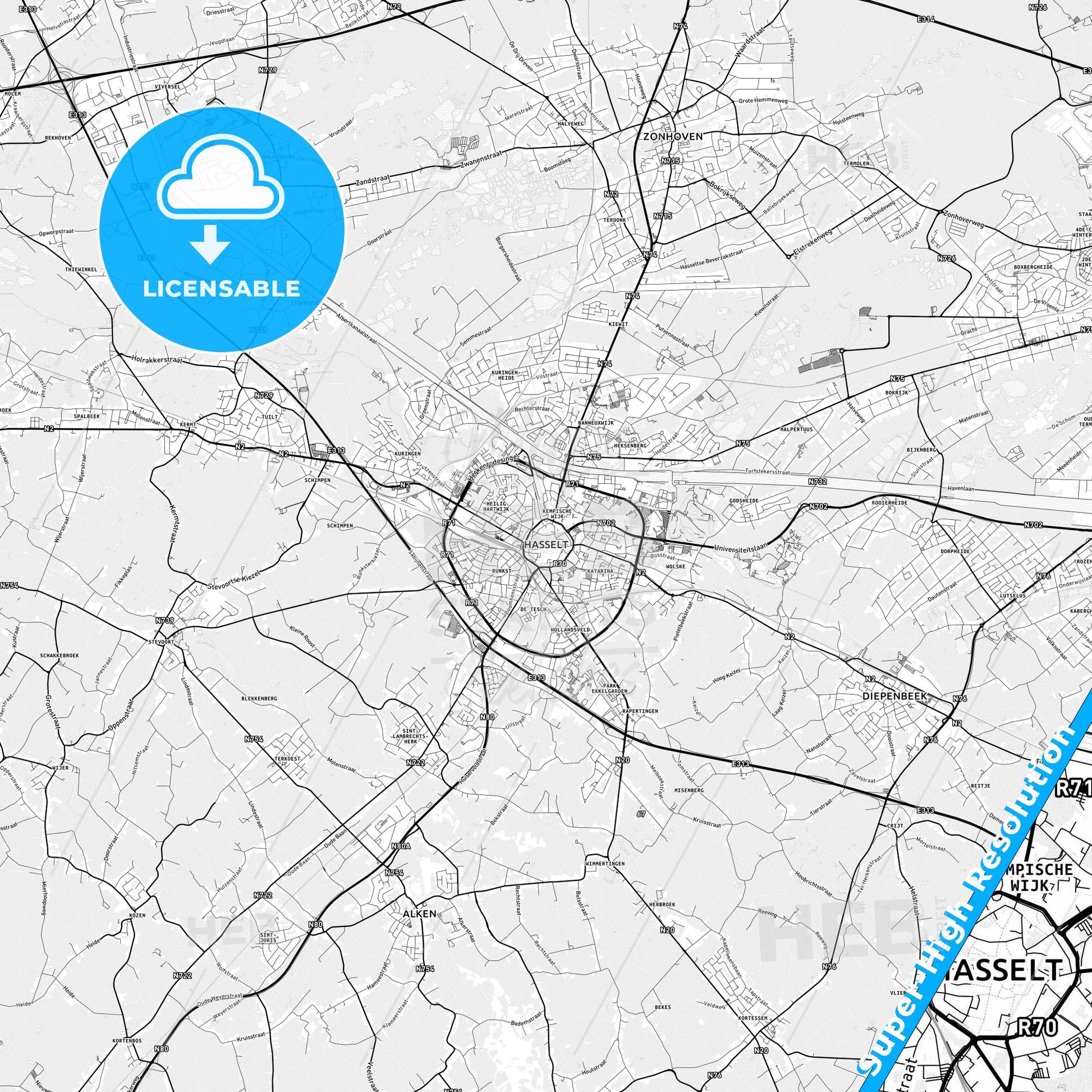 Hasselt, Belgium light map with streetnames, citynames and districts