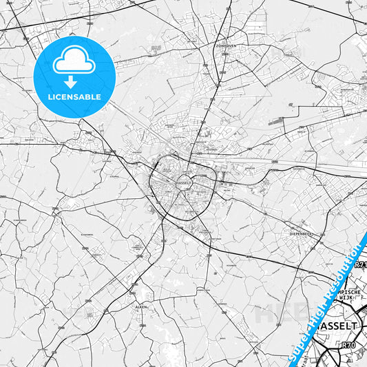 Hasselt, Belgium light map with streetnames, citynames and districts