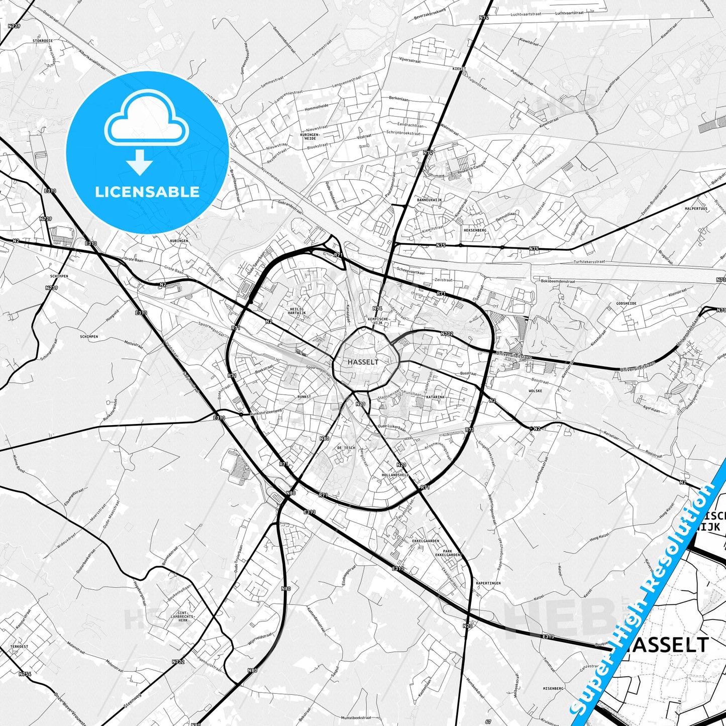 Hasselt, Belgium Light Map with Street Names, City Names, and Districts