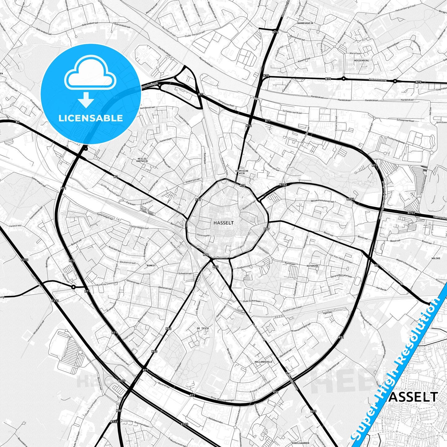 Hasselt, Belgium Light Map with Street Names, City Names, and Districts