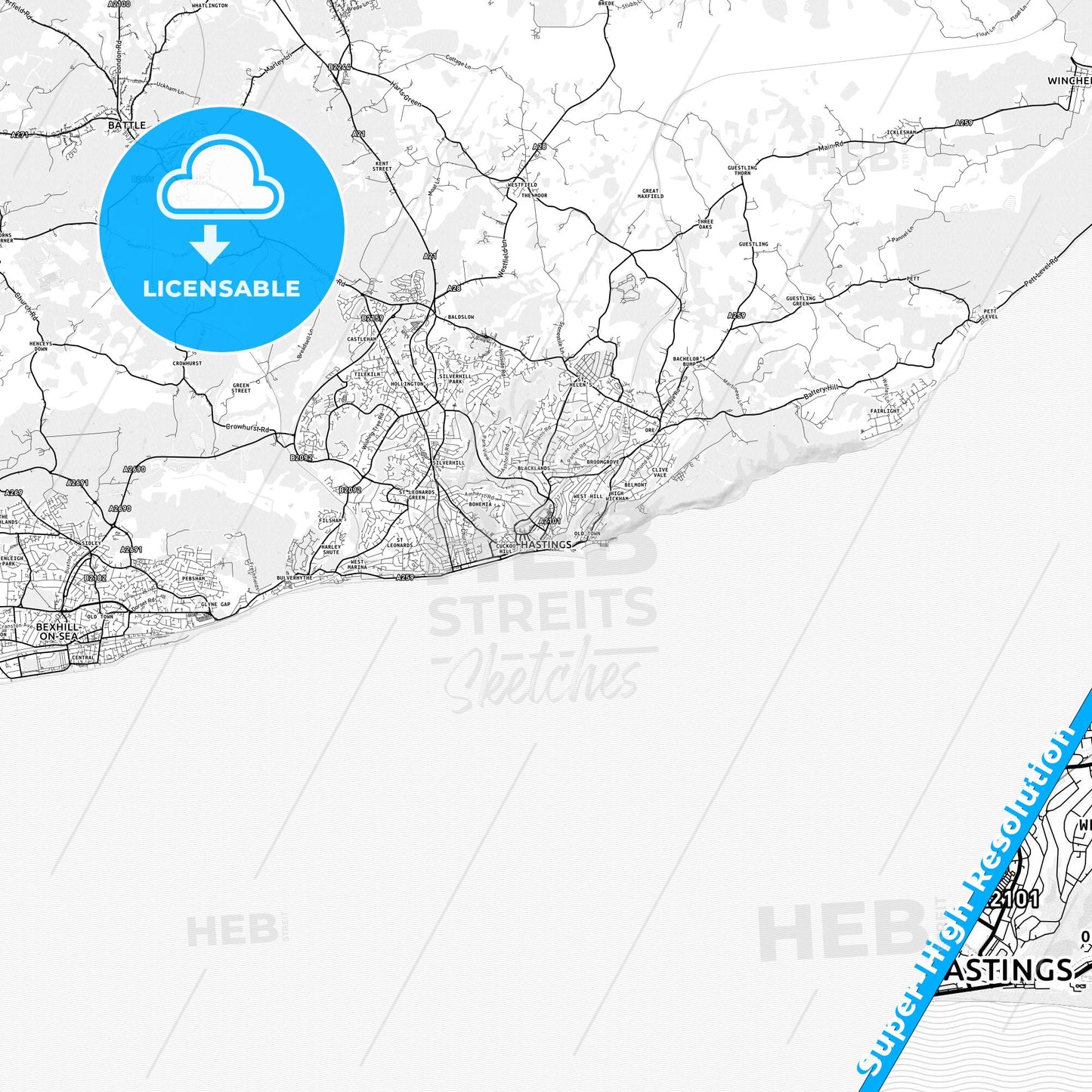 Hastings, England light map with streetnames, citynames and districts