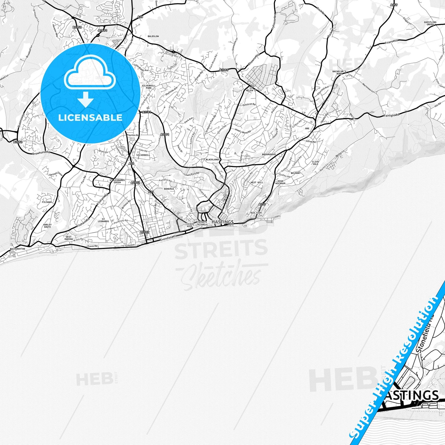 Hastings, England Light Map with Street Names, City Names, and Districts