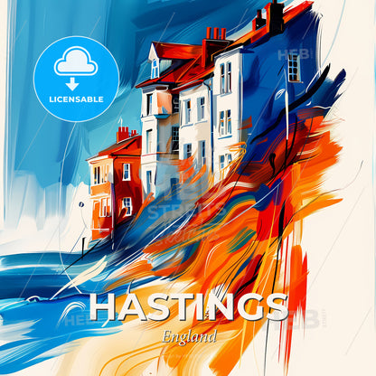 Vibrant Hastings, England - A Painting Of A House On A Hill - Square format print template