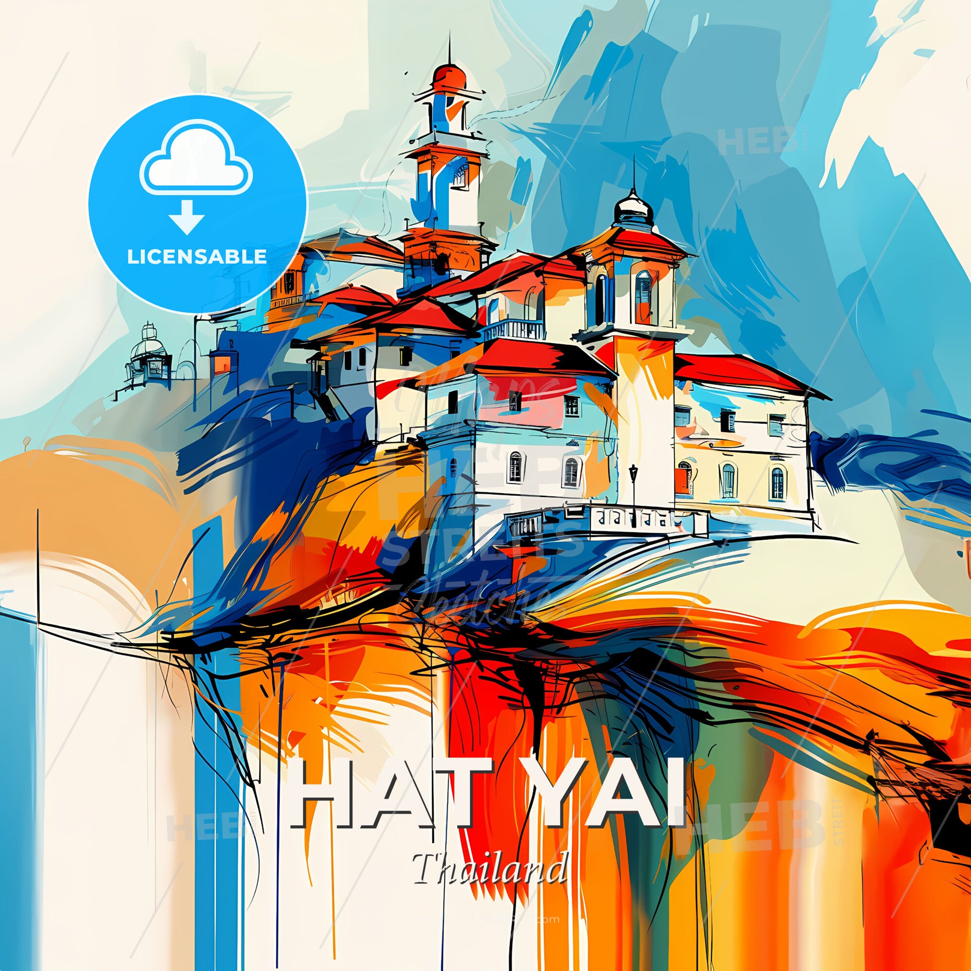 Vibrant Hat Yai, Thailand - A Painting Of A Building On A Hill - Square format print template
