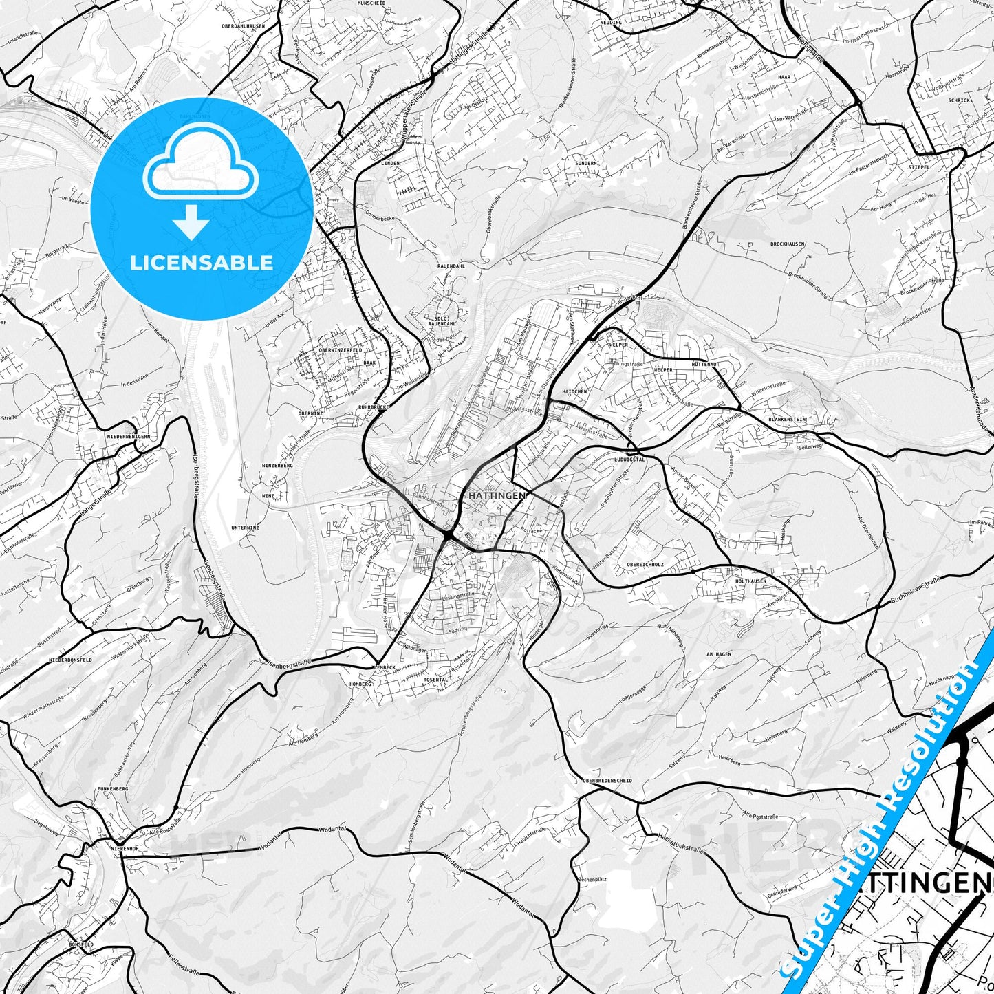 Hattingen, Germany Light Map with Street Names, City Names, and Districts