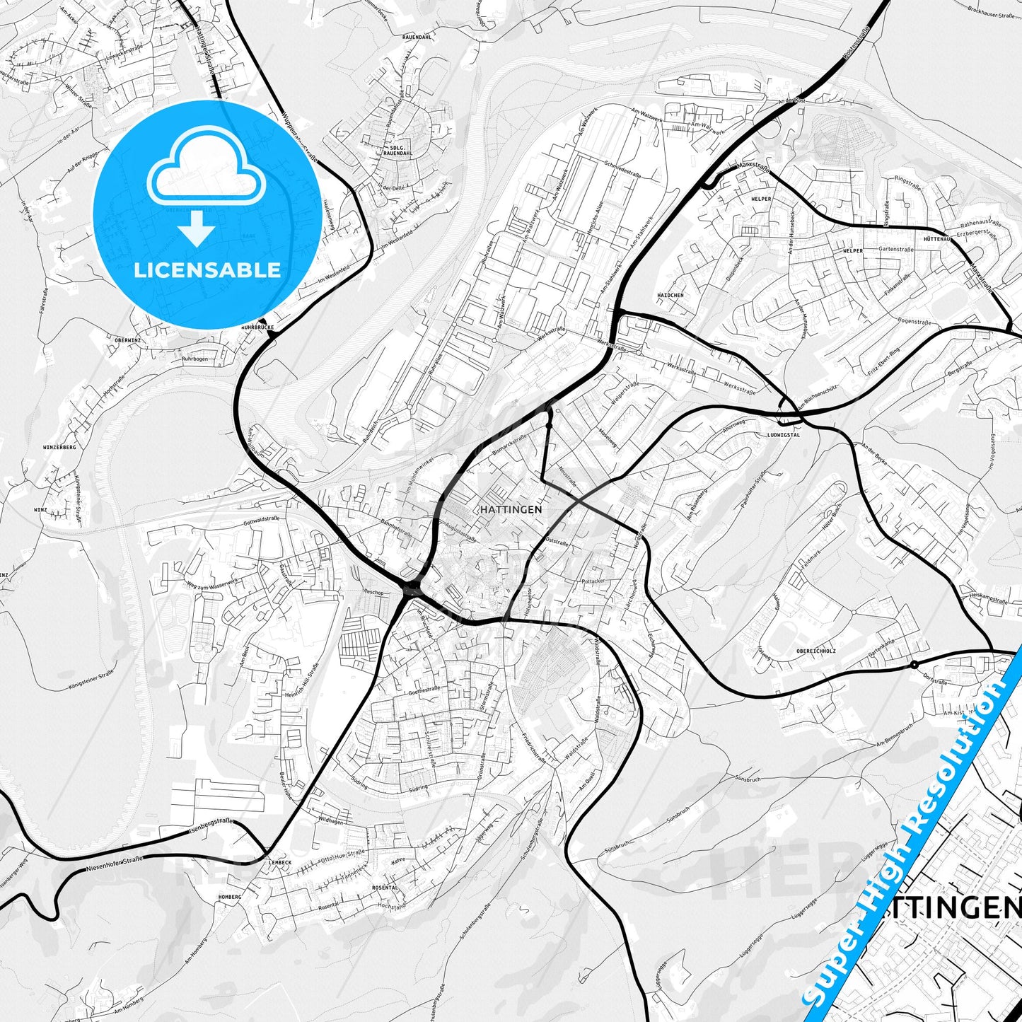 Hattingen, Germany Light Map with Street Names, City Names, and Districts