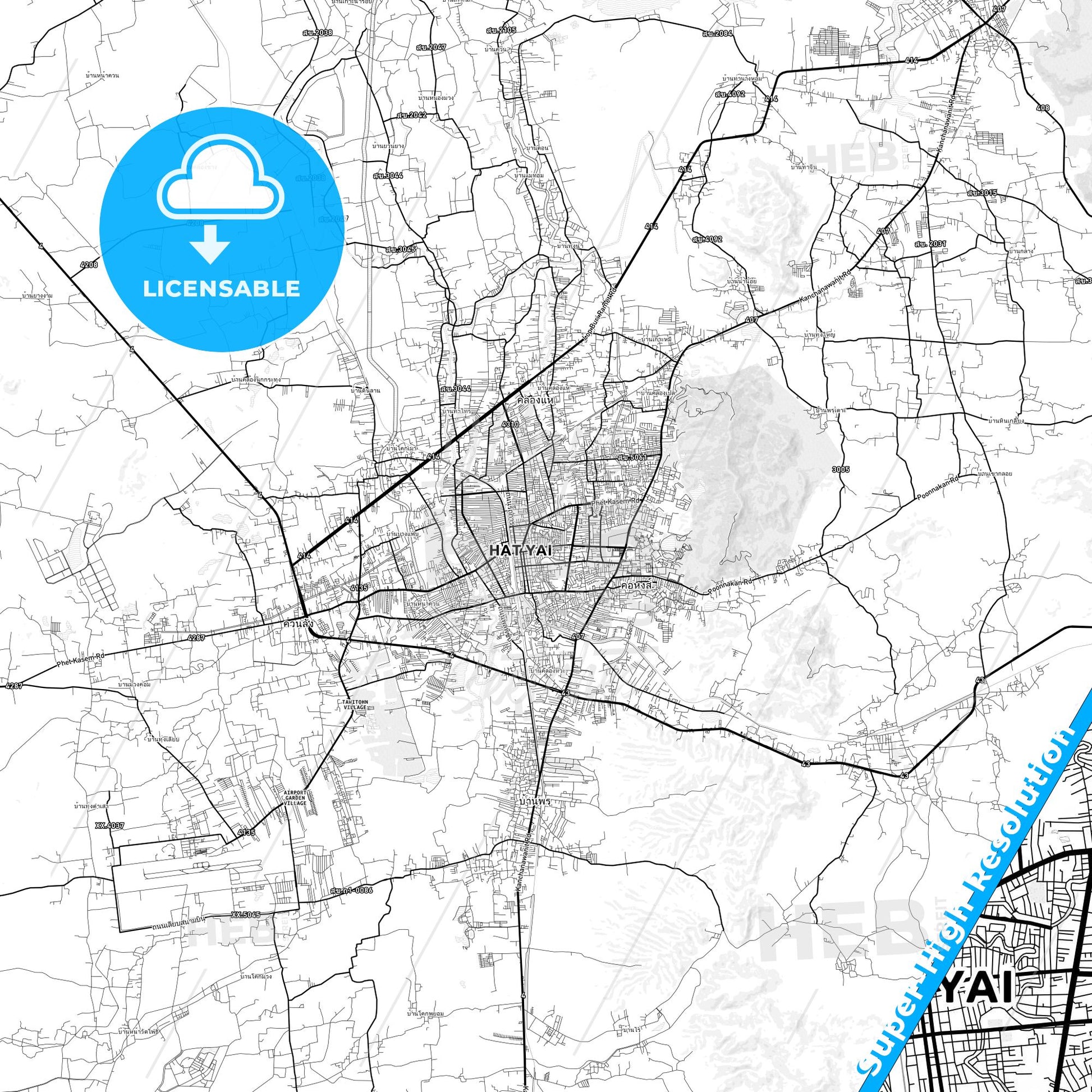 Hat Yai, Thailand light map with streetnames, citynames and districts