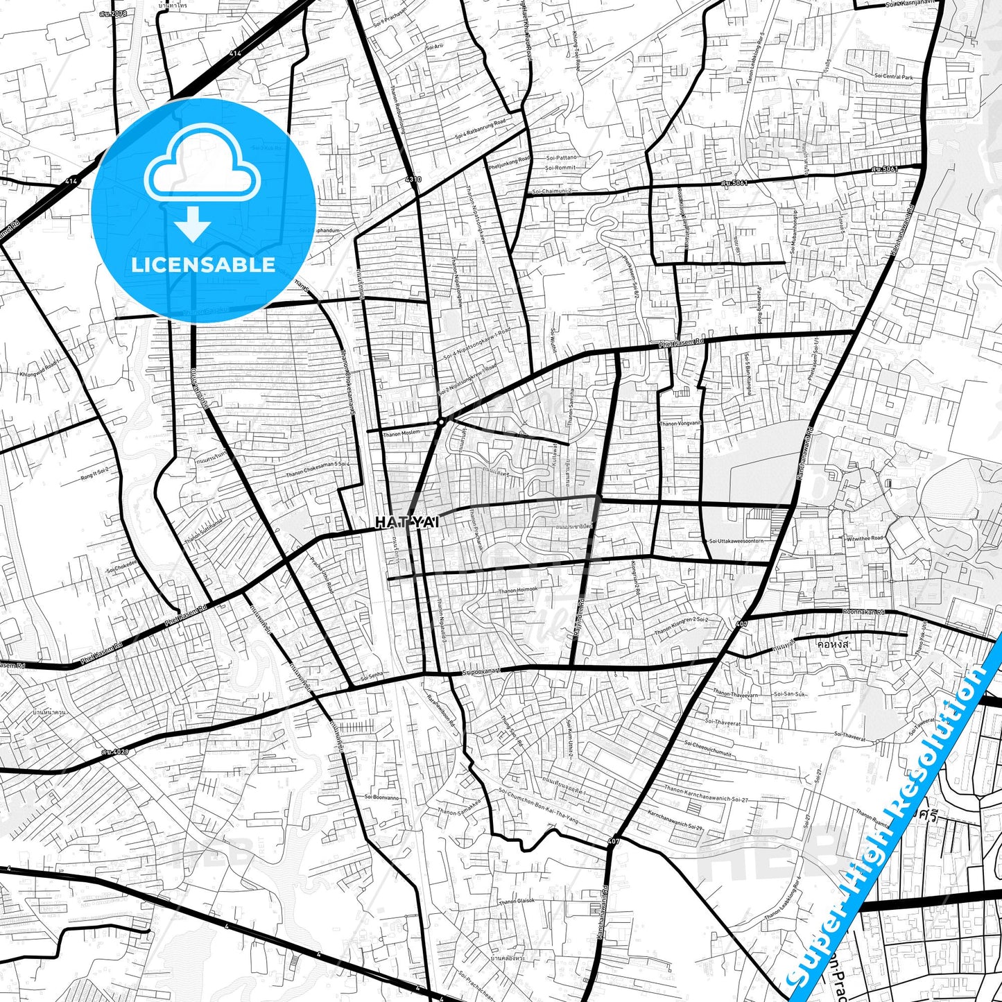Hat Yai, Thailand Light Map with Street Names, City Names, and Districts