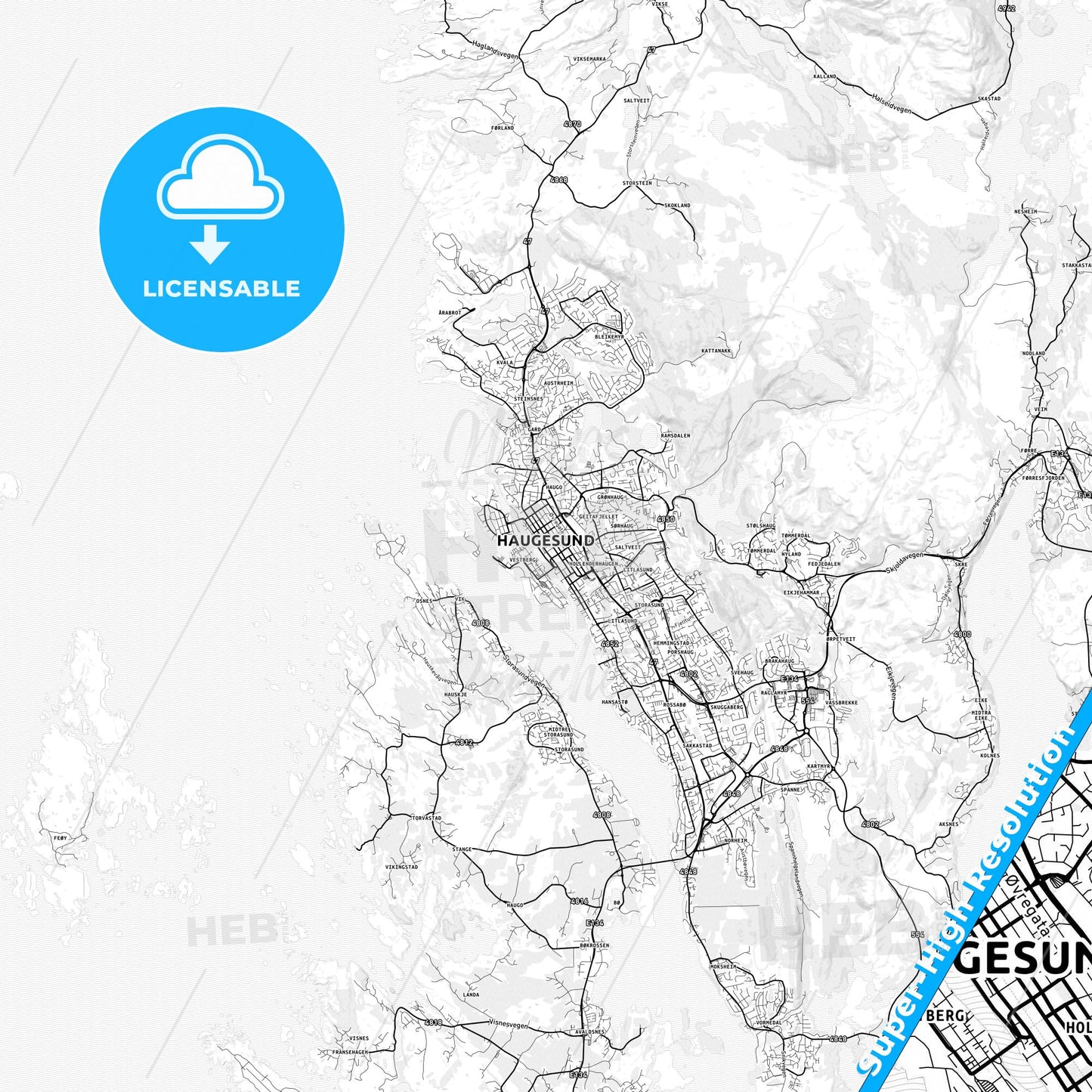 Haugesund, Norway light map with streetnames, citynames and districts