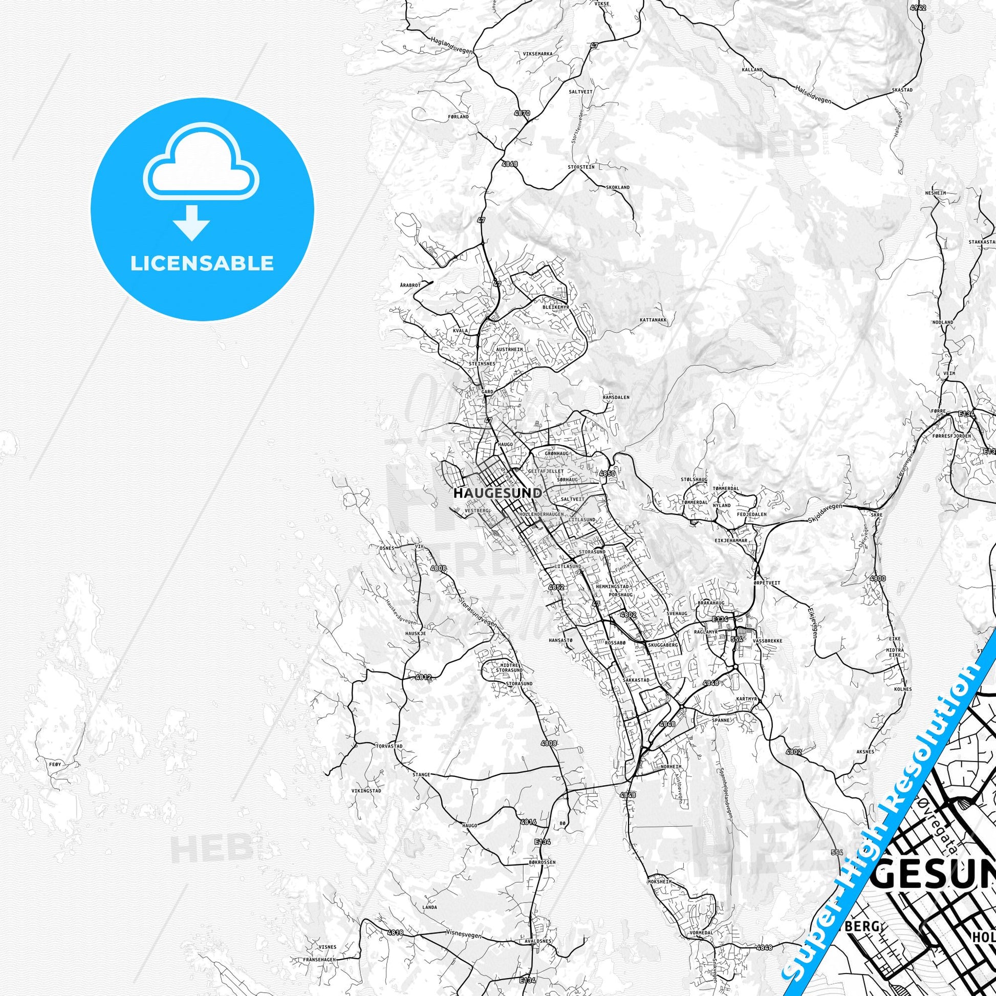 Haugesund, Norway light map with streetnames, citynames and districts