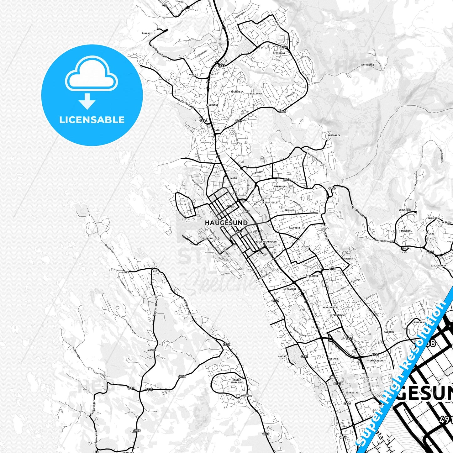 Haugesund, Norway Light Map with Street Names, City Names, and Districts