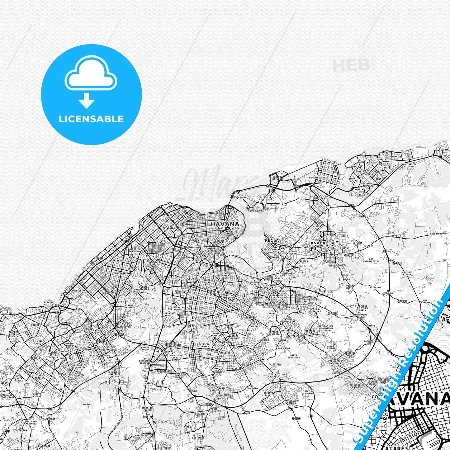 Havana, Cuba light map with streetnames, citynames and districts