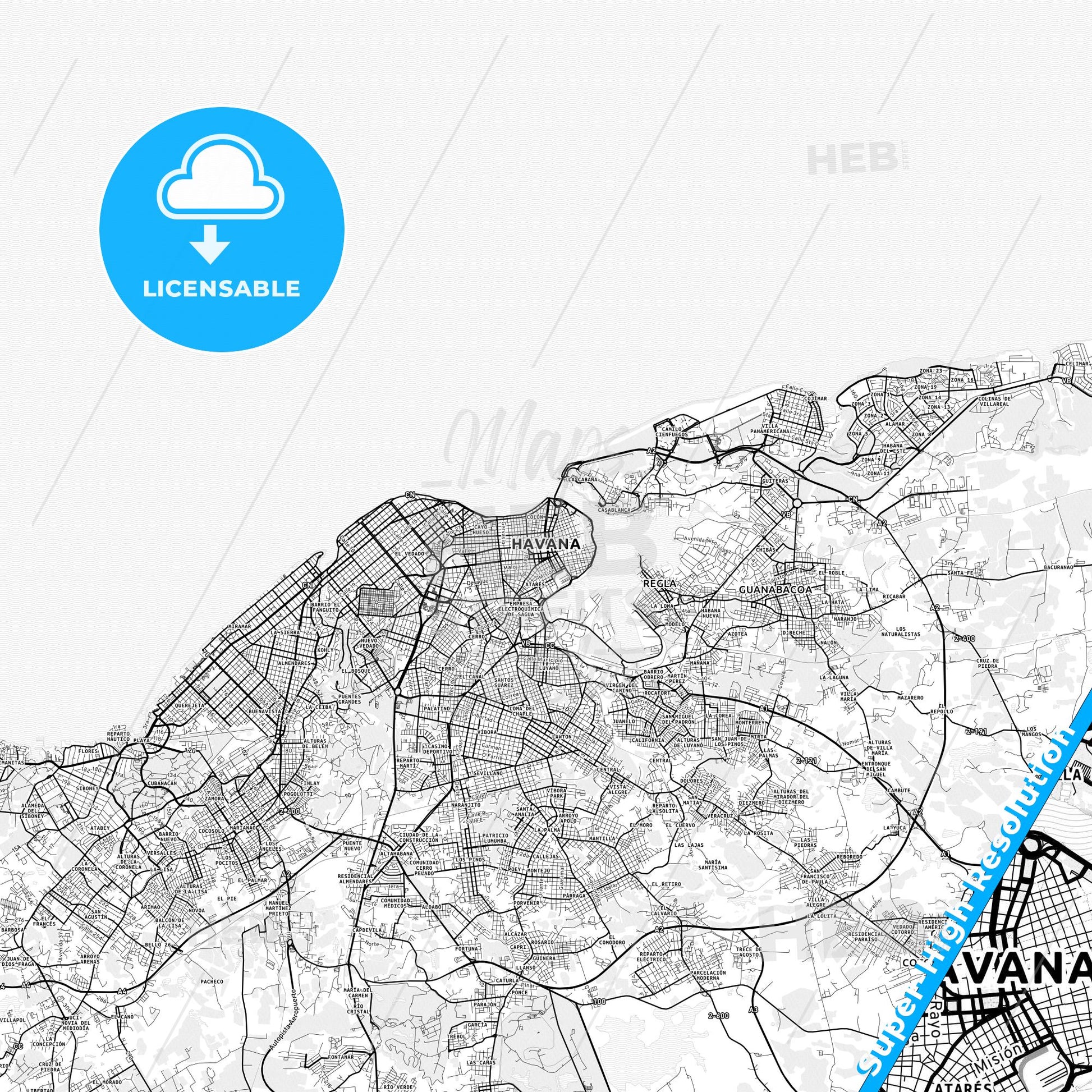 Havana, Cuba light map with streetnames, citynames and districts