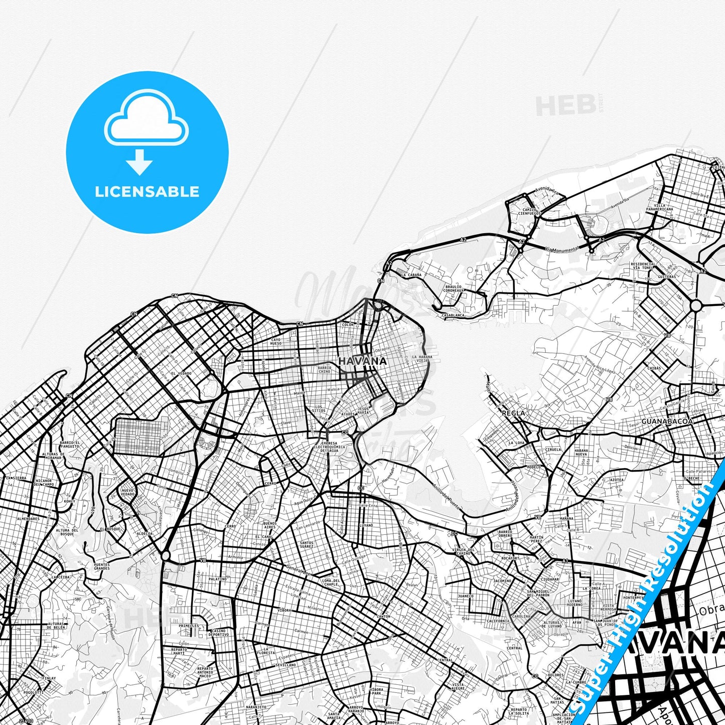 Havana, Cuba Light Map with Street Names, City Names, and Districts