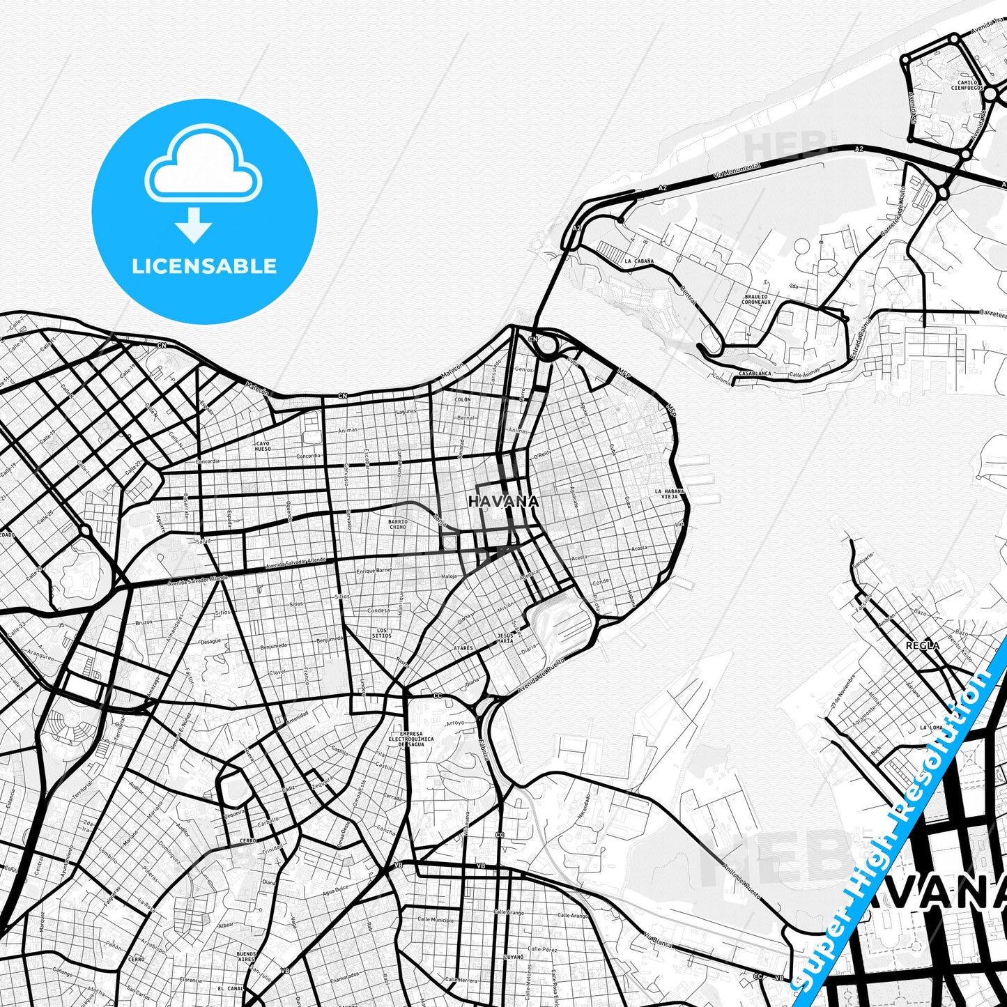 Havana, Cuba Light Map with Street Names, City Names, and Districts