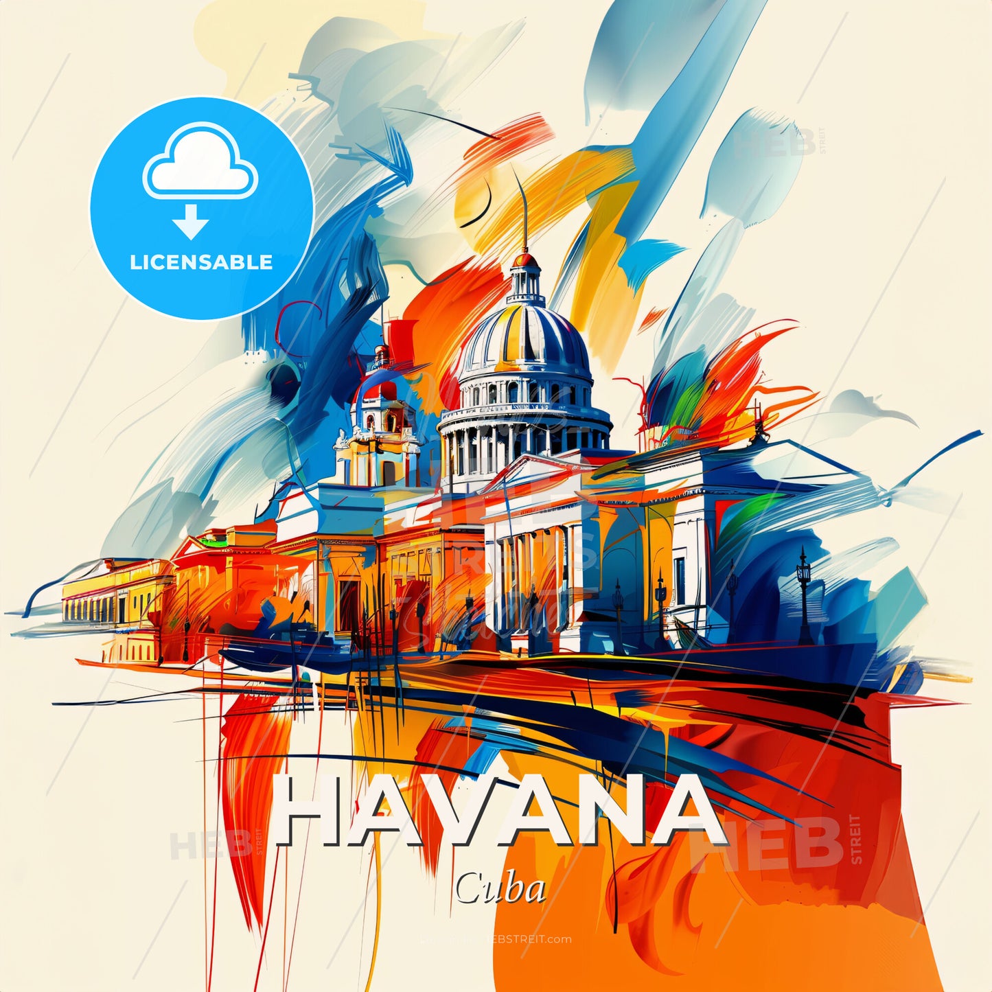 Vibrant Havana, Cuba - A Painting Of A Building With A Dome - Square format print template