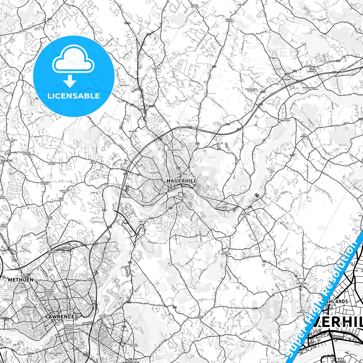 Haverhill, Massachusetts light map with streetnames, citynames and districts