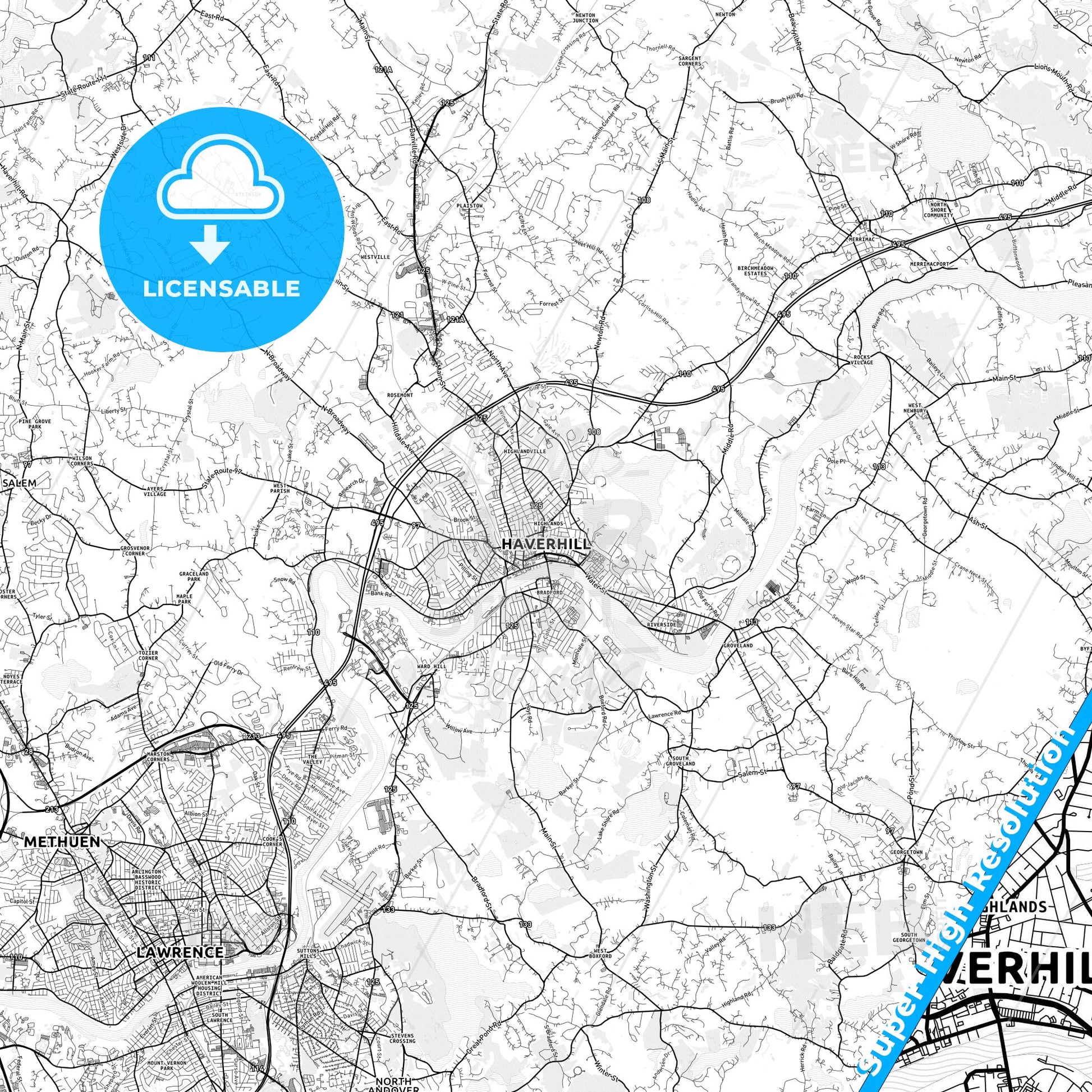 Haverhill, Massachusetts light map with streetnames, citynames and districts