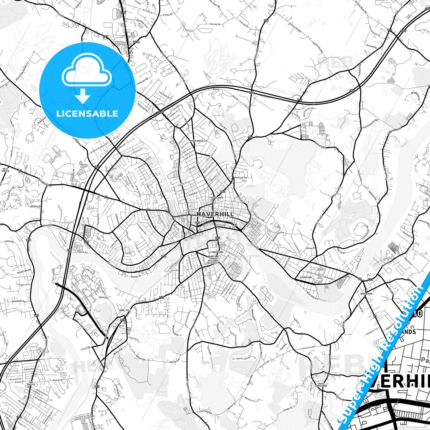 Haverhill, Massachusetts Light Map with Street Names, City Names, and Districts