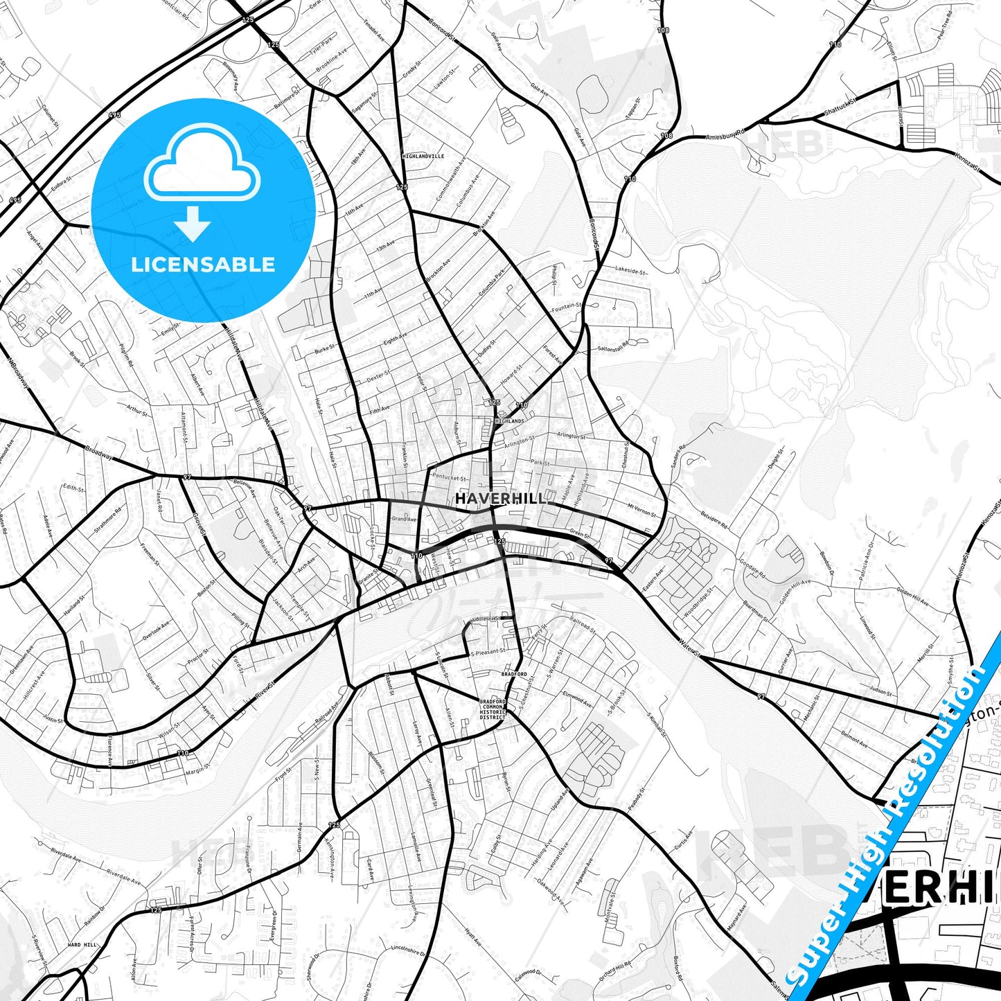 Haverhill, Massachusetts Light Map with Street Names, City Names, and Districts