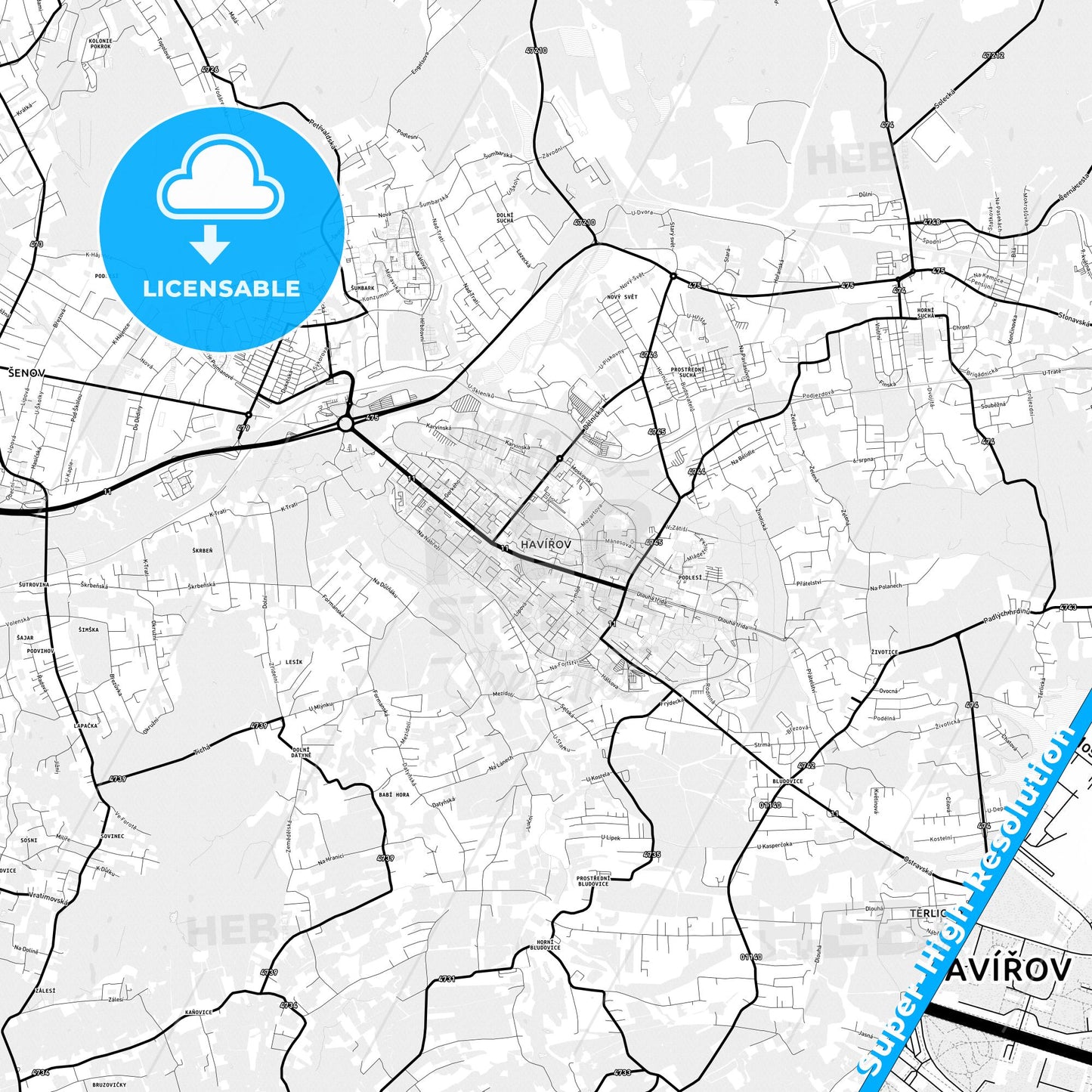 Havířov, Czechia Light Map with Street Names, City Names, and Districts