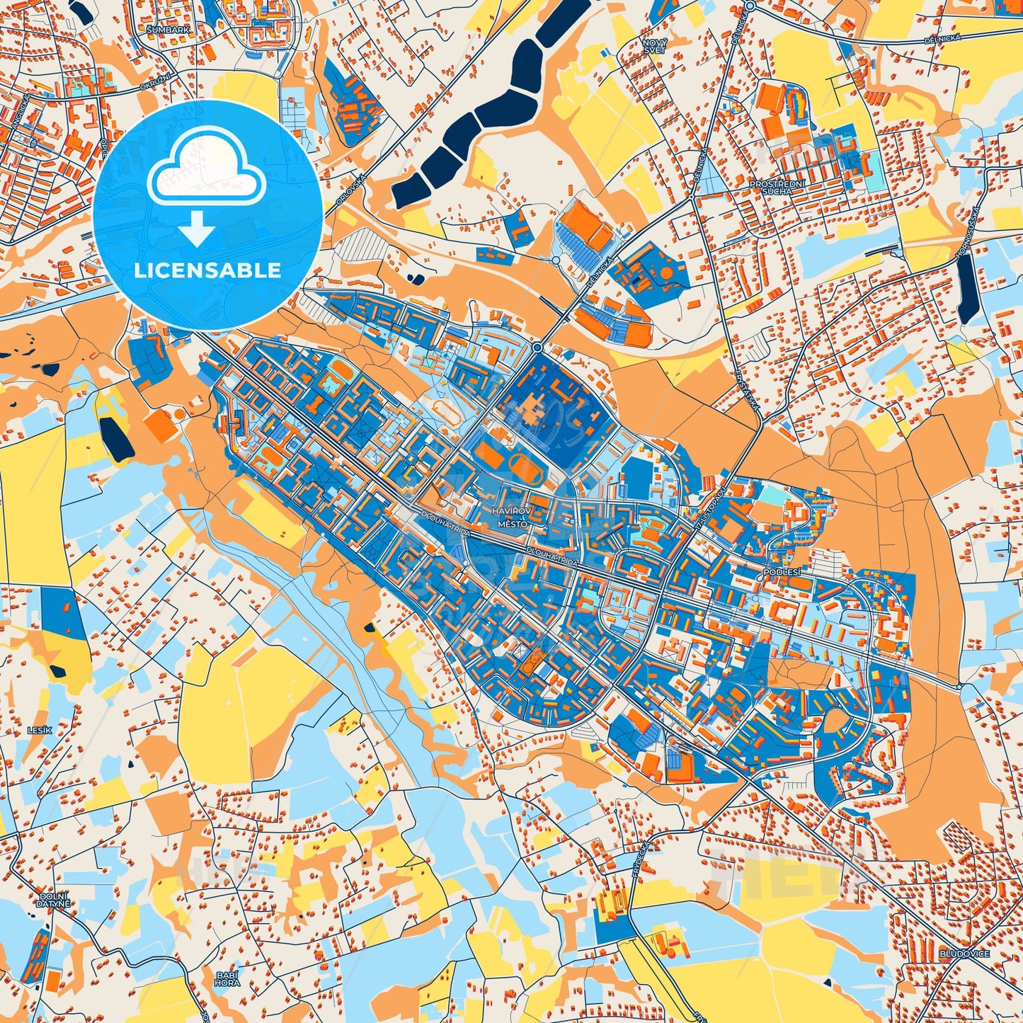 Colorful Havířov Street Map with Labels and Buildings