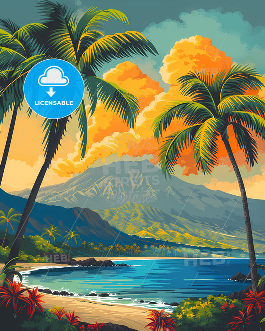 Hawaii Beach Artwork: Vibrant Painting of Palm Trees, Mountains and Ocean