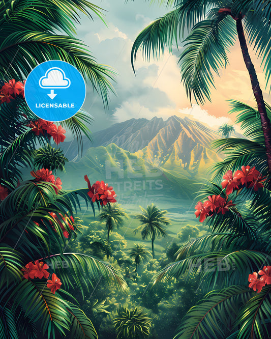Vibrant Hawaiian Landscape Painting: Palm Trees, Mountains, Tropical Scenery, Artistic Travel