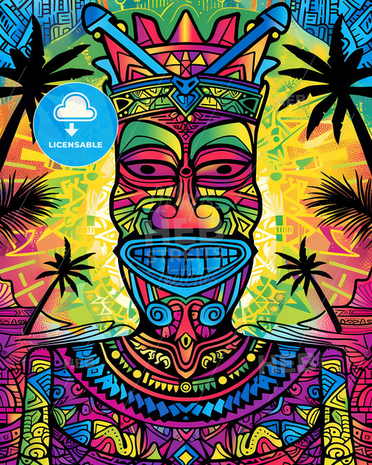 Colorful Hawaiian tribal art print depicting a man in vibrant hues with intricate patterns