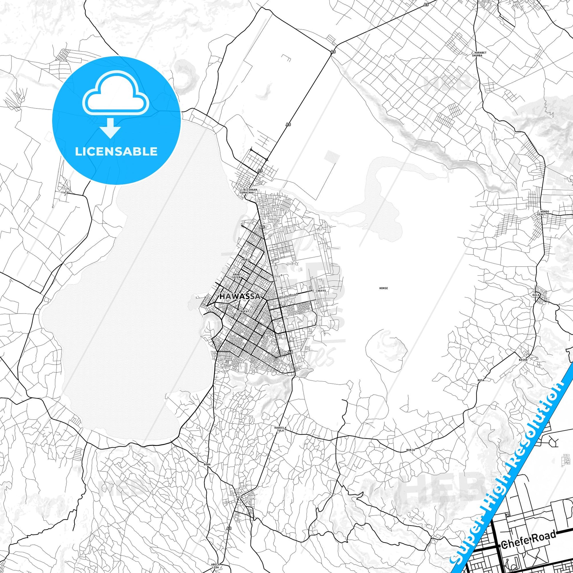 Hawassa, Ethiopia light map with streetnames, citynames and districts
