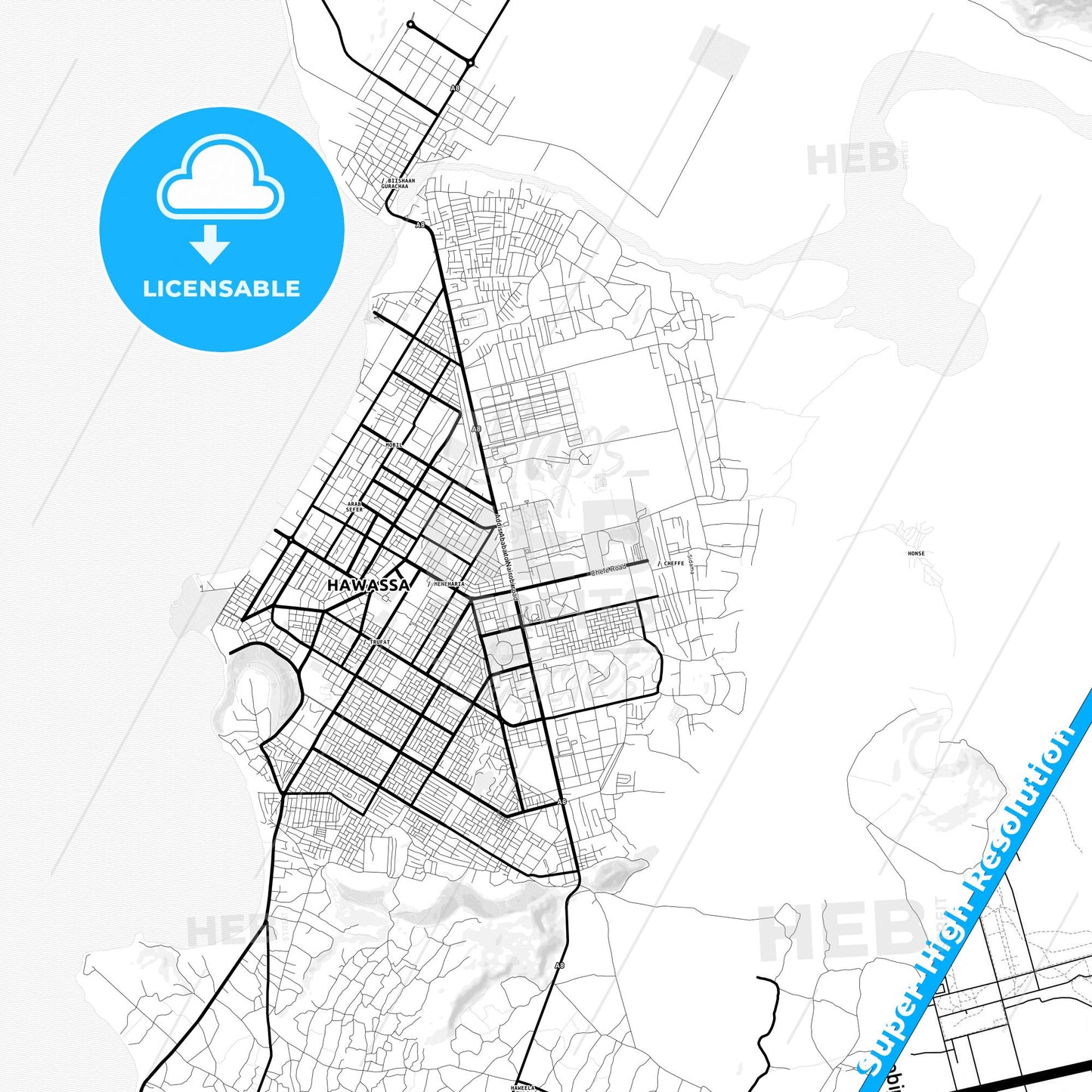 Hawassa, Ethiopia Light Map with Street Names, City Names, and Districts