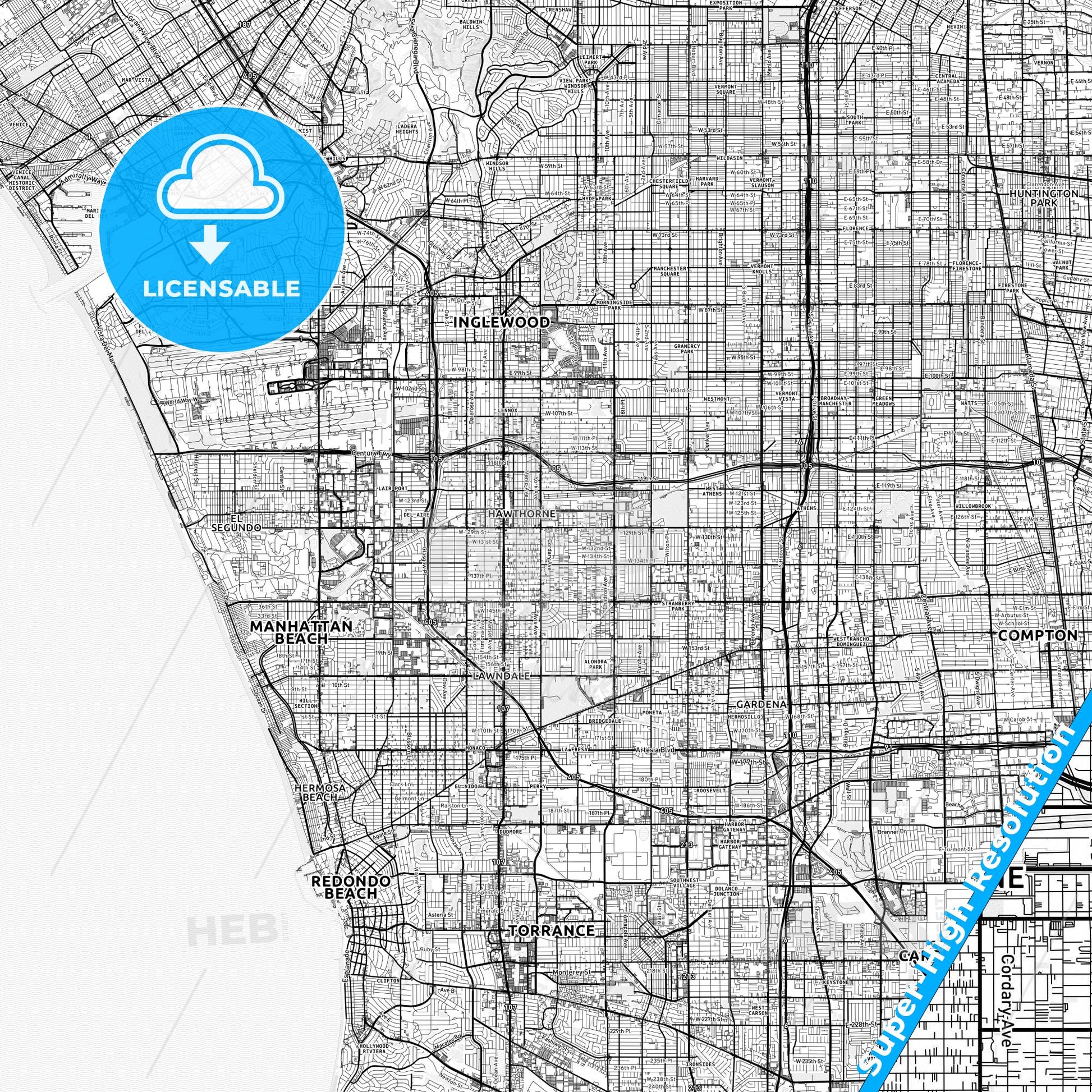Hawthorne, California light map with streetnames, citynames and districts