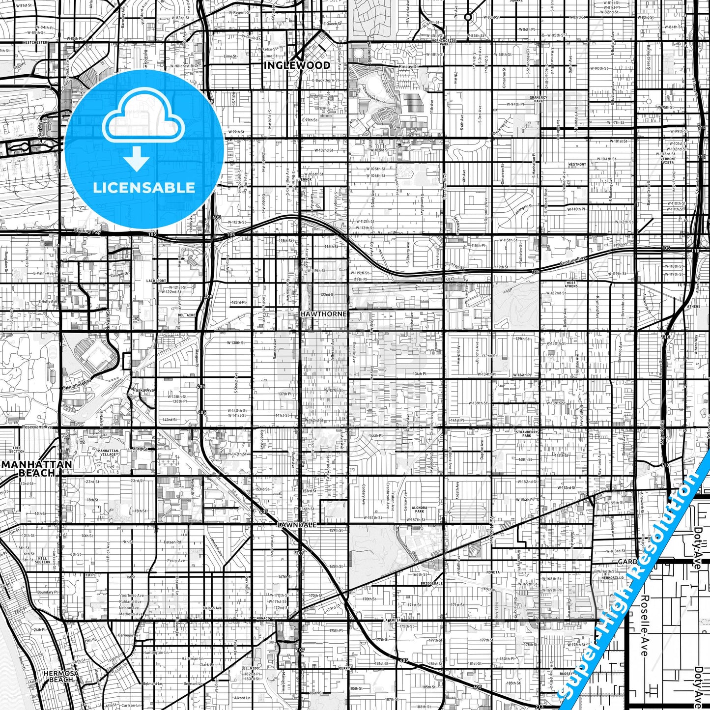 Hawthorne, California Light Map with Street Names, City Names, and Districts