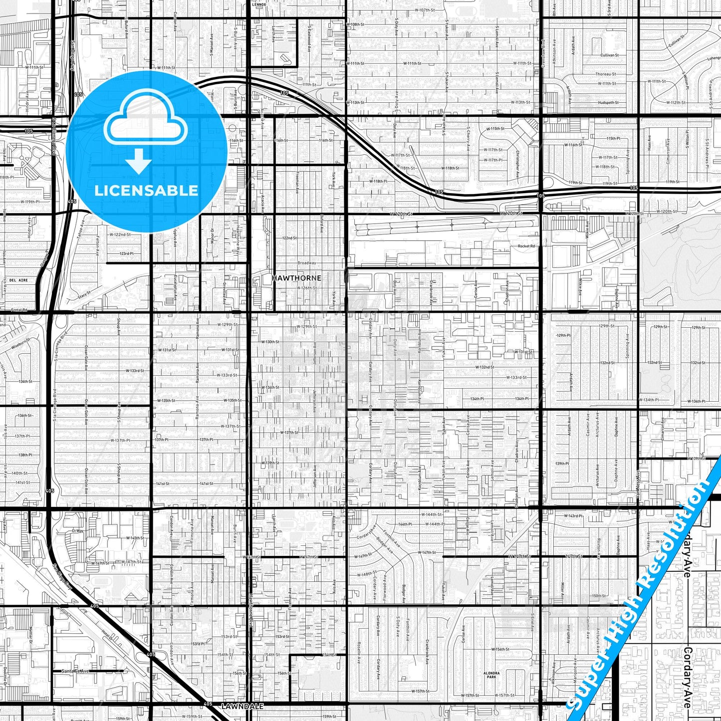 Hawthorne, California Light Map with Street Names, City Names, and Districts