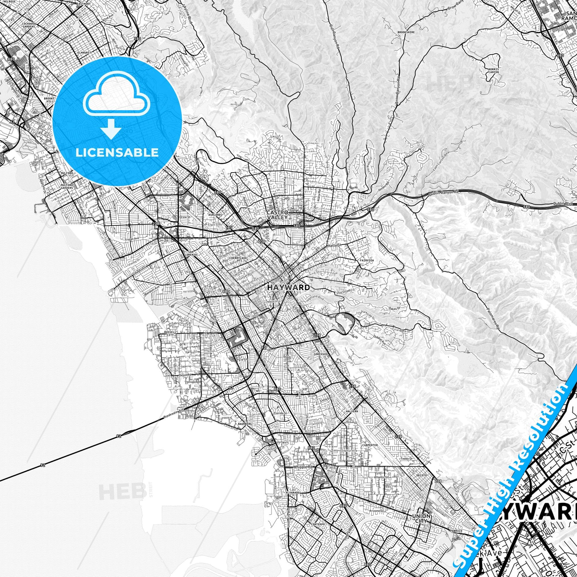 Hayward, California light map with streetnames, citynames and districts