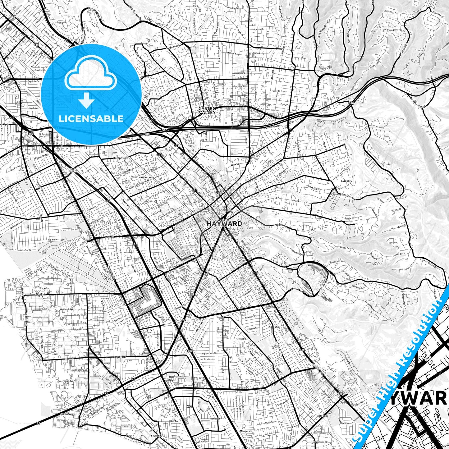 Hayward, California Light Map with Street Names, City Names, and Districts