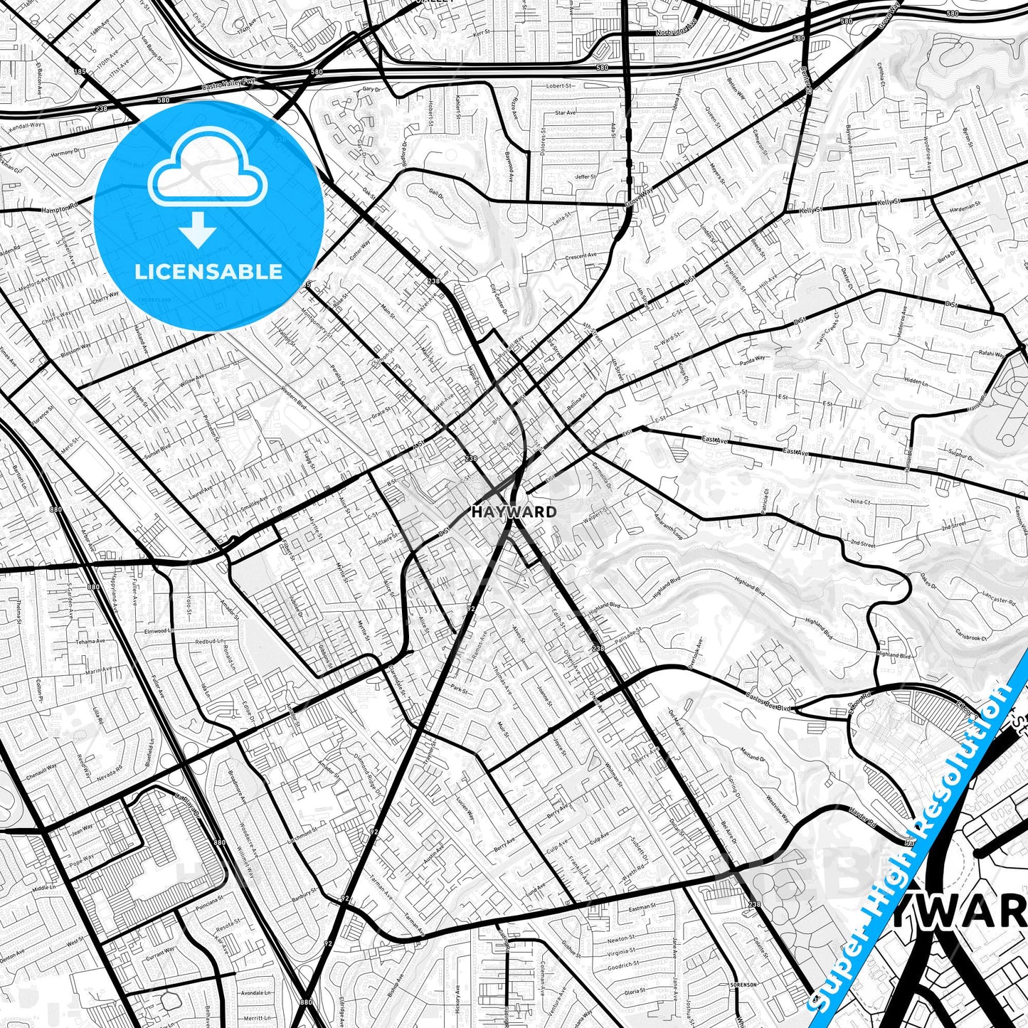 Hayward, California Light Map with Street Names, City Names, and Districts