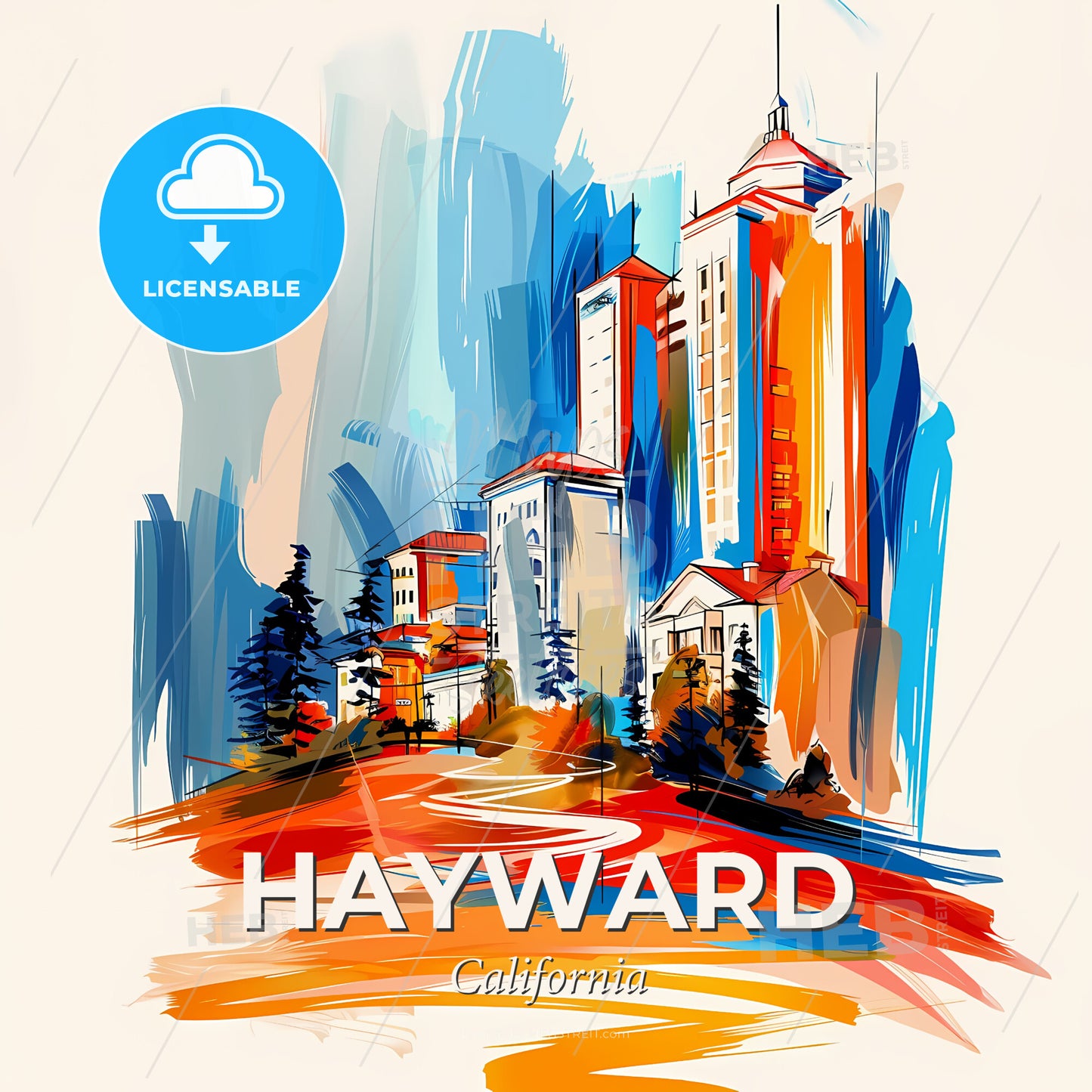 Vibrant Hayward, California - A Painting Of Buildings On A Hill - Square format print template
