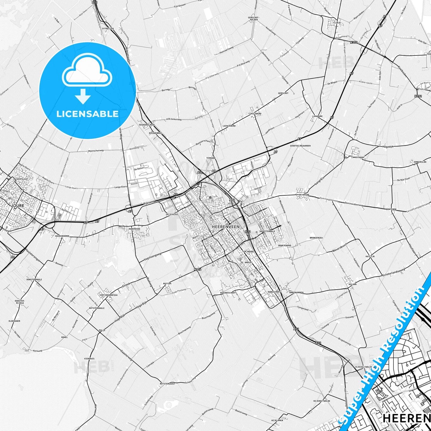Heerenveen, Netherlands light map with streetnames, citynames and districts