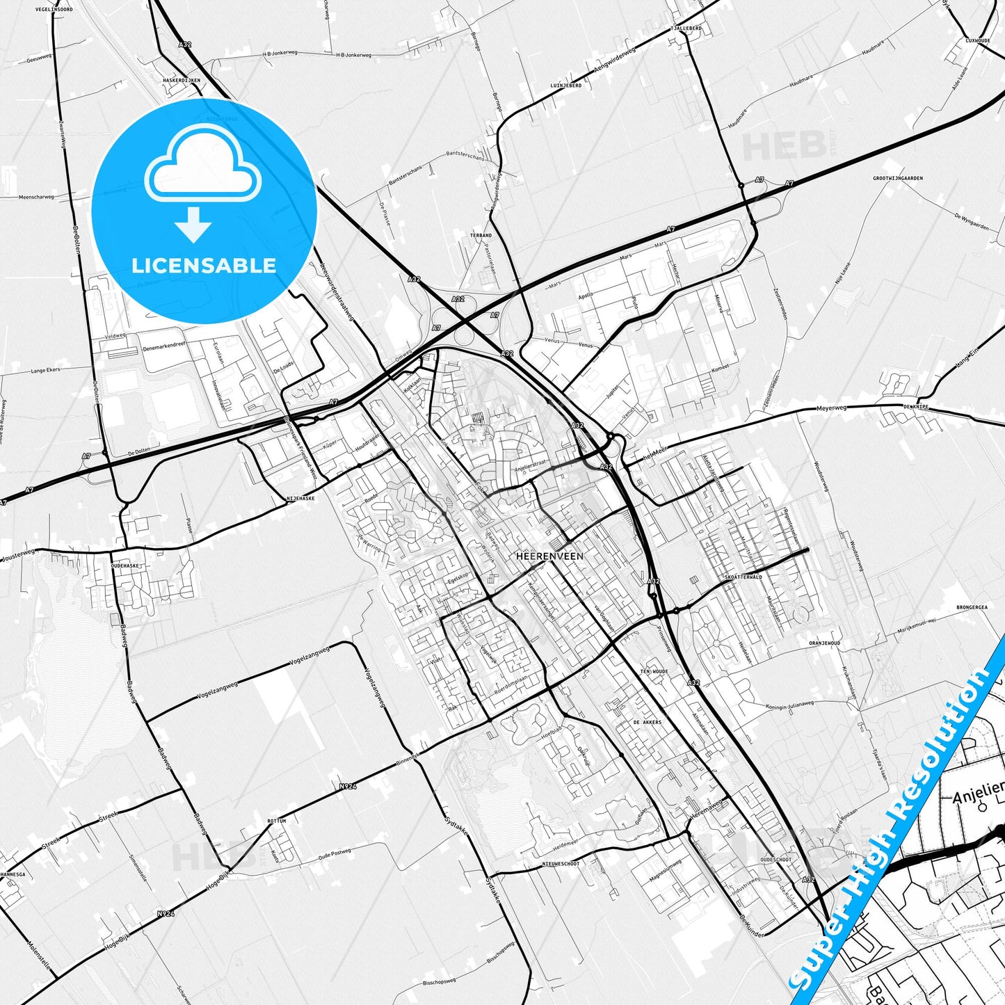 Heerenveen, Netherlands Light Map with Street Names, City Names, and Districts
