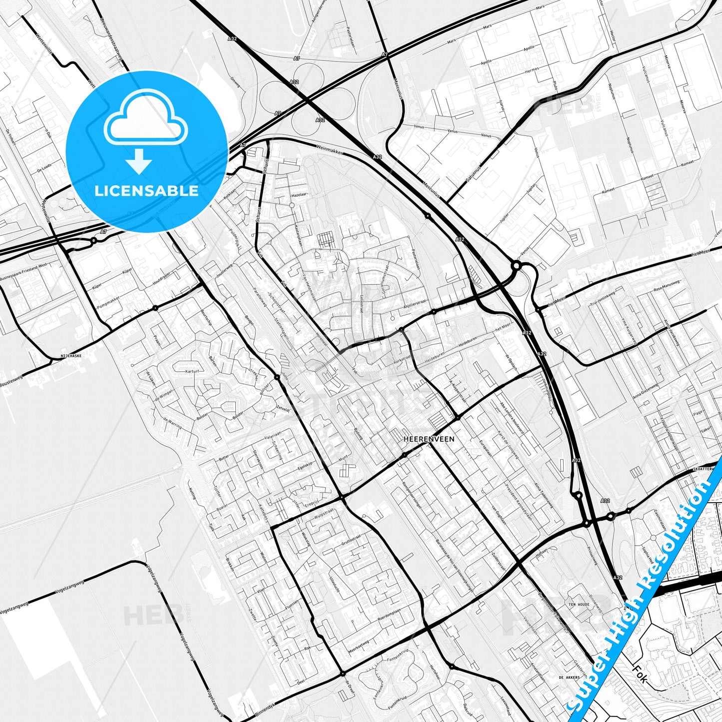 Heerenveen, Netherlands Light Map with Street Names, City Names, and Districts