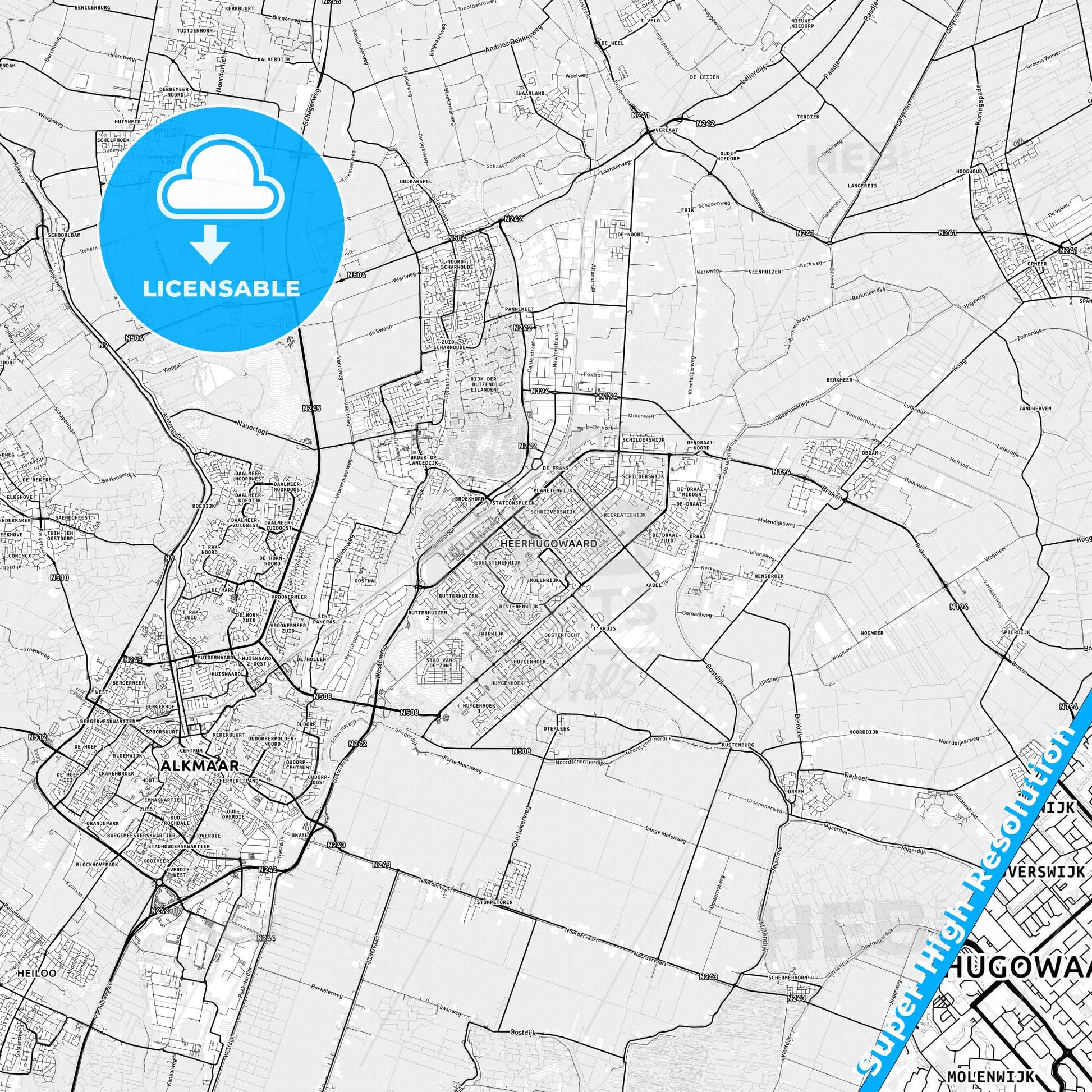 Heerhugowaard, Netherlands light map with streetnames, citynames and districts
