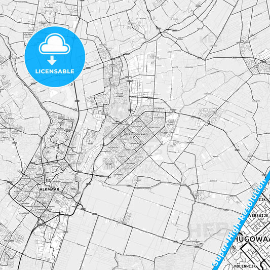 Heerhugowaard, Netherlands light map with streetnames, citynames and districts
