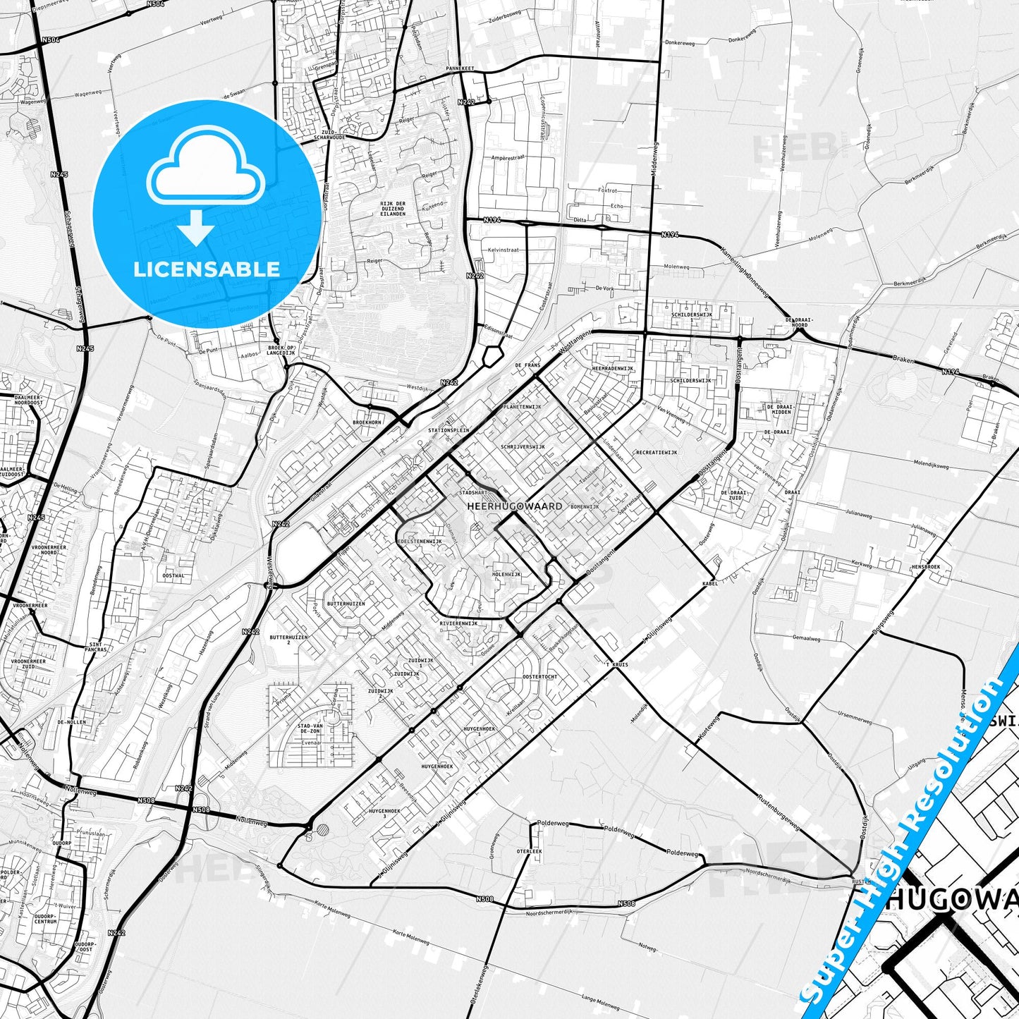 Heerhugowaard, Netherlands Light Map with Street Names, City Names, and Districts